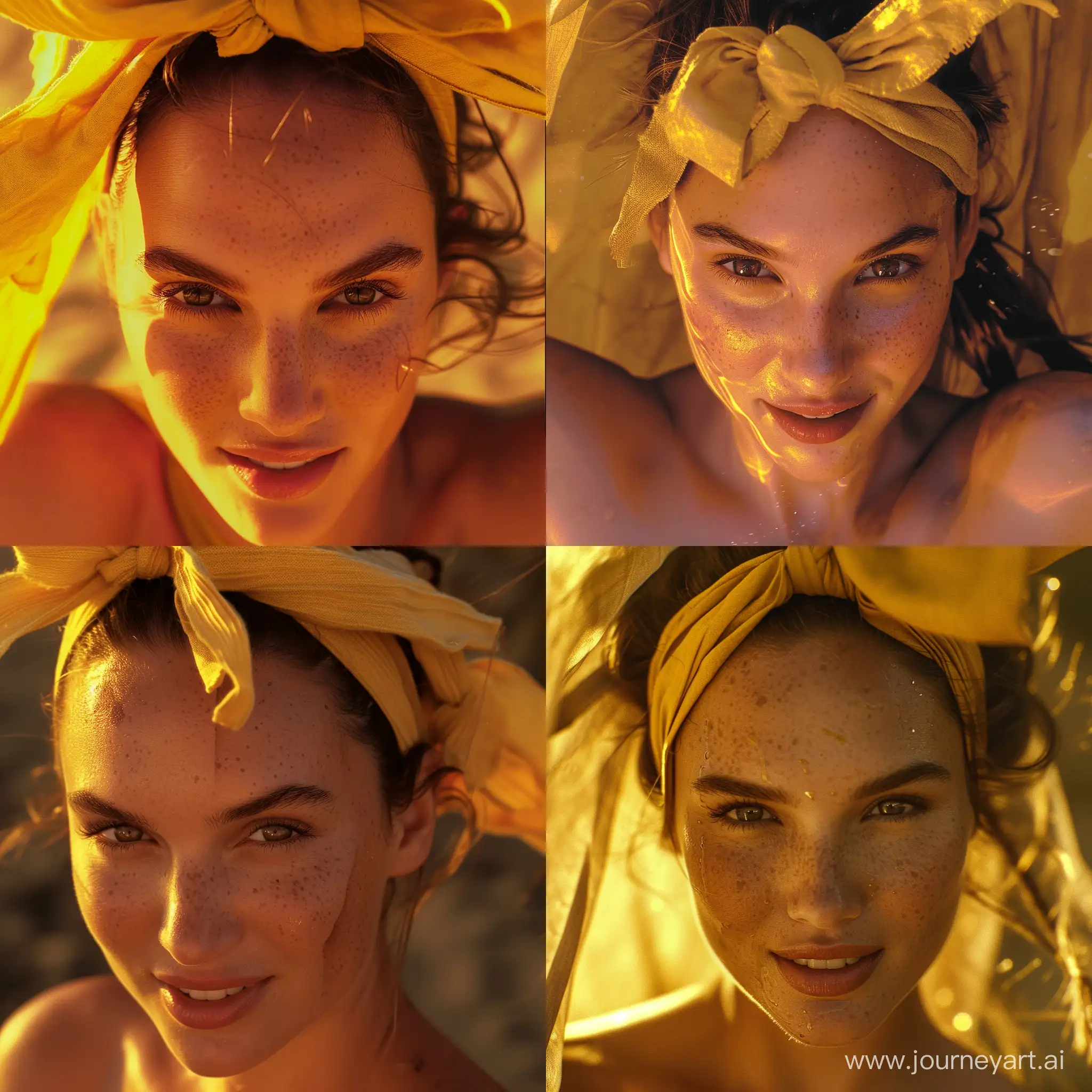 high-resolution, close-up image of gal gadot . The image is rich in detail and color, with a warm, golden-yellow tone dominating the composition.
. Her hair is tied up with a yellow headband that has a bow on the top. She has visible freckles across her face, which add to her cheerful expressiongenuine joy or amusement. 