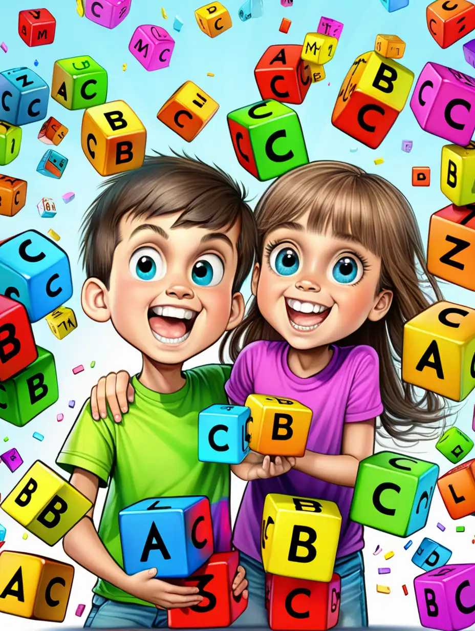 a 10 year old boy and a 10 year old girl with happy face in the falling 40 pieces of colorful letters ( A B C Y T Z S M C D E F G K ) cubes, cartoon style












