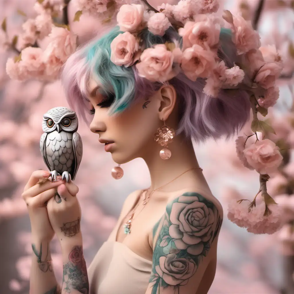 light black model has beautiful pastel color hair with flowers that fade into the hair and orbs inside flowers in rose gold. She is holding a not a toy owl put a animal owl l that is in beautiful colors he is sitting on a top that she is holding. ball earring and color tattoos in arms They is a few cherry tree blossom  that fade away in depth of field 

imitate image 