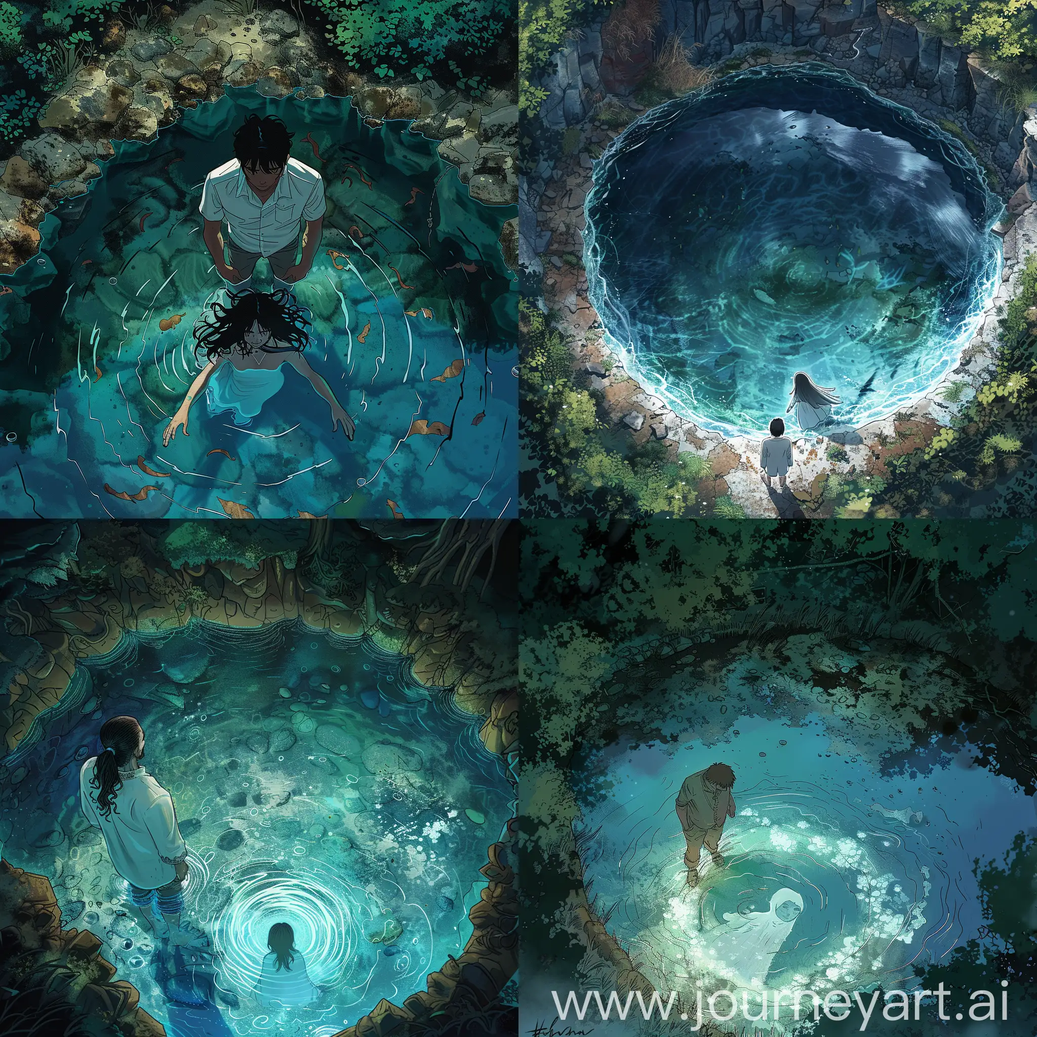 an story named "the enchanted lake", digital art, comic book, professional, a lake seen from above with a ghost girl under him