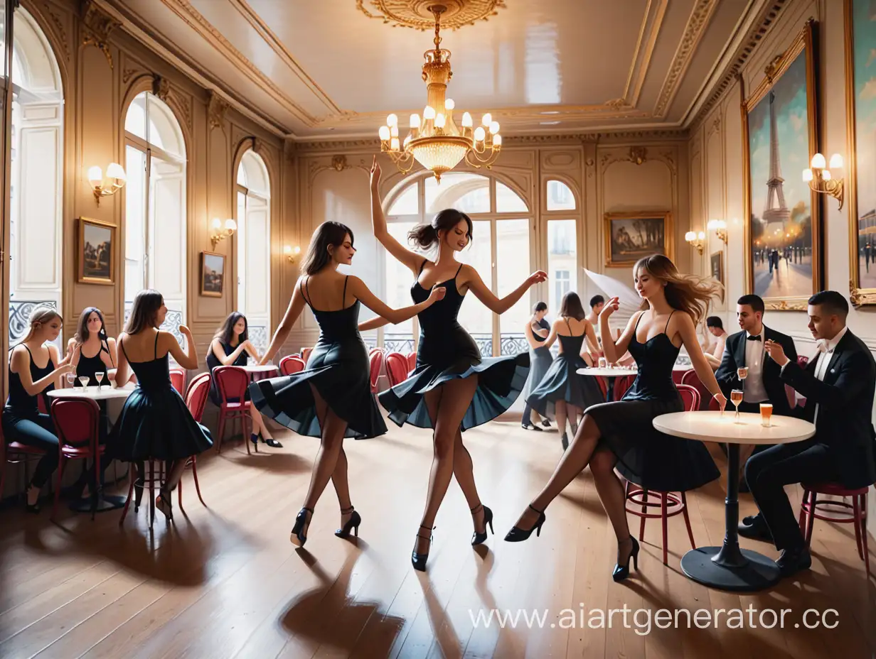   Париж кафе музыкальный аппарат на стенах картины художников музыка девушки танцуют страсть романтика  драйв
