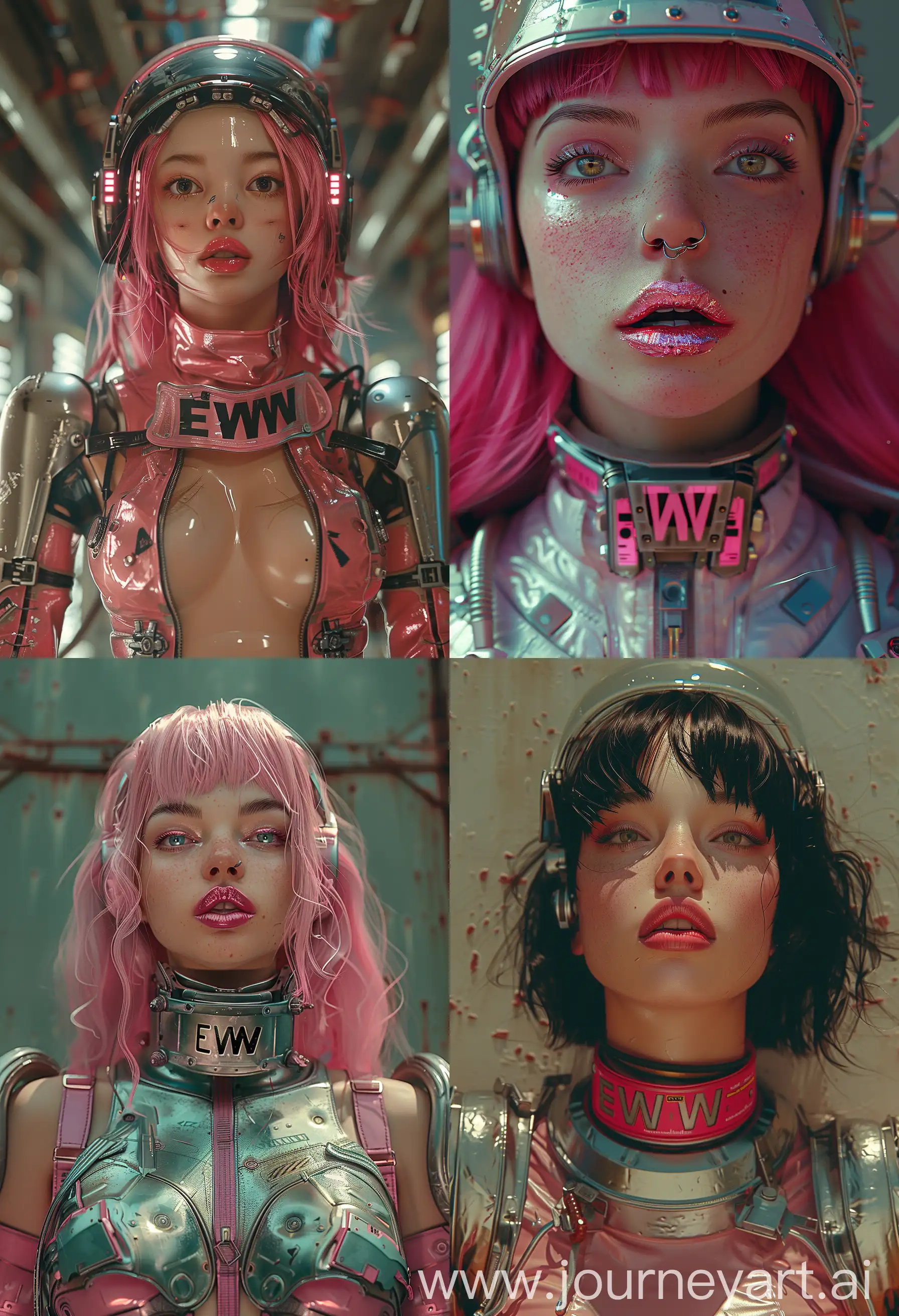 A  anime character, with a collar with the inscrition "EWW", cyperpunk kleidung,  pink electronic ,  gleaming lips, she is wearing metal suit, she wear helmet, The character is poised energetically, with flowing garments suggesting motion. Incorporate a vivid color scheme with pink, and reflective silvers,, ultra realistic, surreal sci fi background,, high quality CGI VFX fine art, ZBrush HDR | color grading | dark shadows | ambient occlusion | high resolution | intricate | hyperrealistic textures --s 750 --ar 28:41