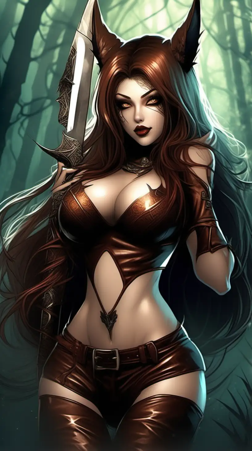An of a very pretty and sexy Evil girl, thick curves, animalistic characteristics such as Sharp nails, animal ears,  and long Sharp teeth, sexy curves, wearing a leather thong, and very long and straight brown hair in a magical forest, in detailed fantasy style