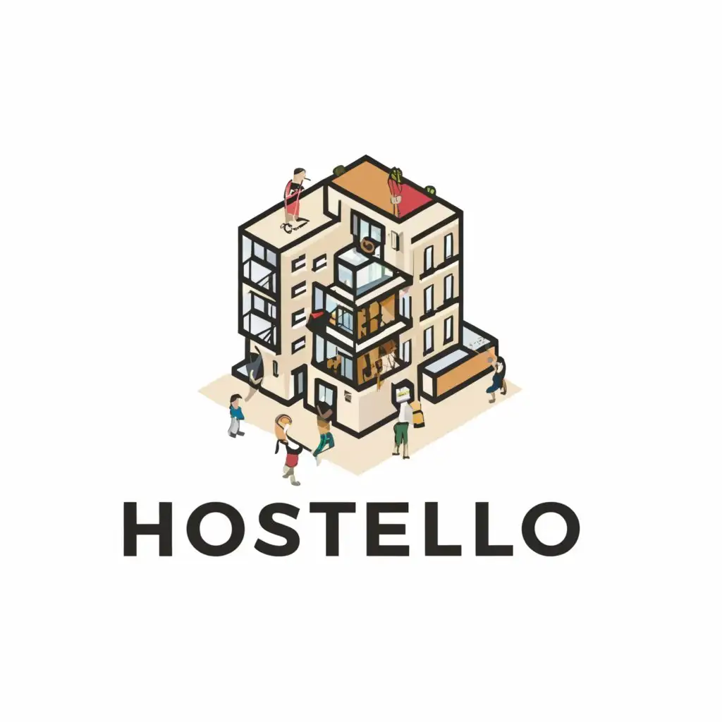 a logo design,with the text "Hostello", main symbol:hostel with students,complex,be used in Real Estate industry,clear background