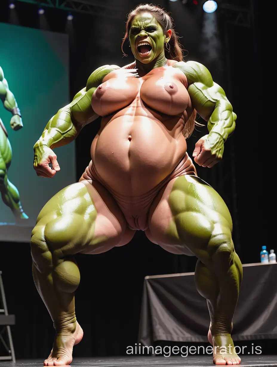a full body nude picture of a ripped heavily pregnant teenage female orc bodybuilder with gigantic muscles passionately giving birth on a stage
