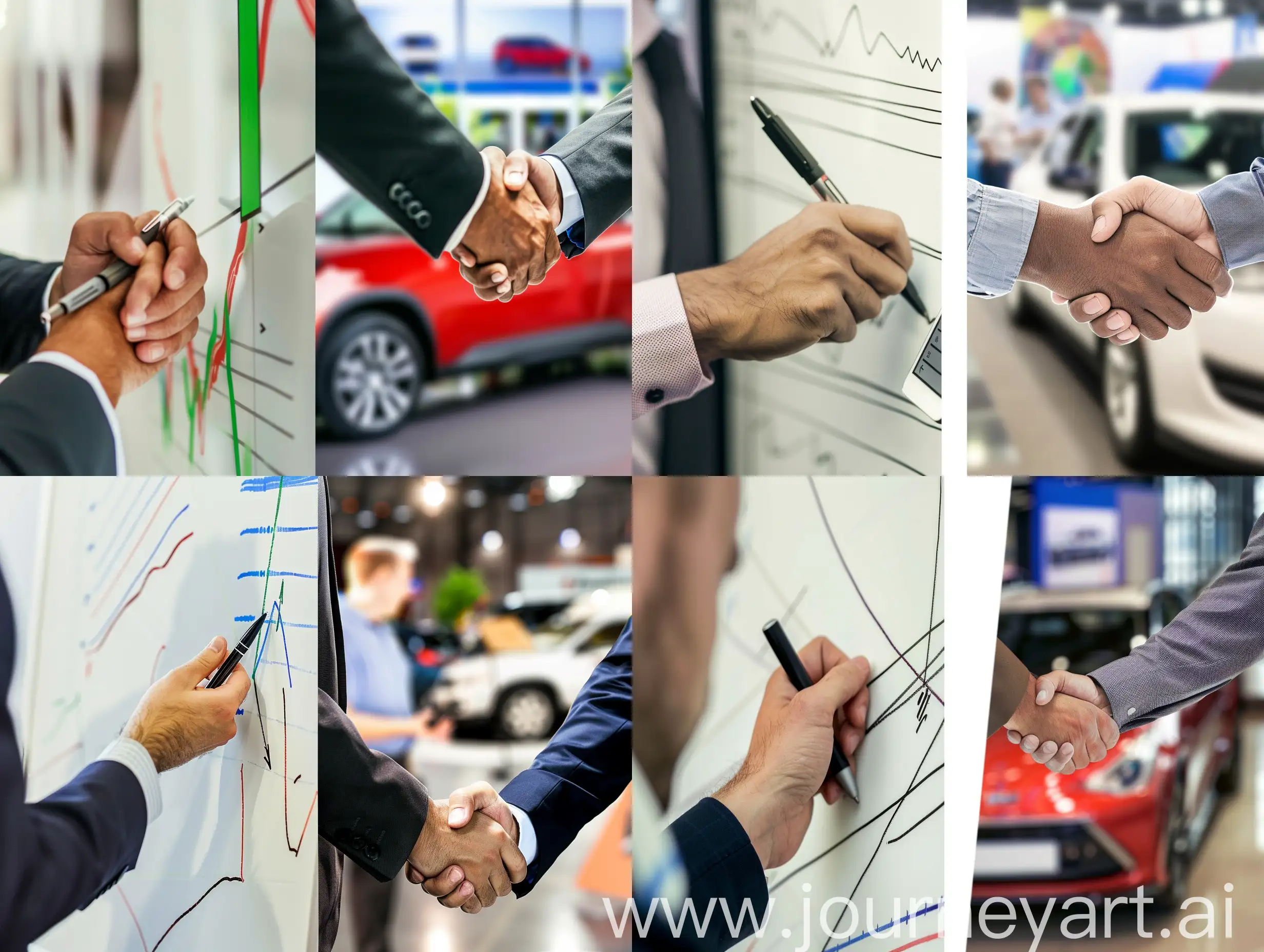 Two pictures, the first is a close-up of the hand of a businessman holding a pen and striping on the whiteboard with a graph pointing up and everything is blurry and focusing only on the hand and pen, and the second picture of a man's hand shaking hands with a second man at a car show and everything is blurry except for the hands. Phone photo, ultra-realistic, precise details. --ar 4:3 --s 0 --style raw --v 6 