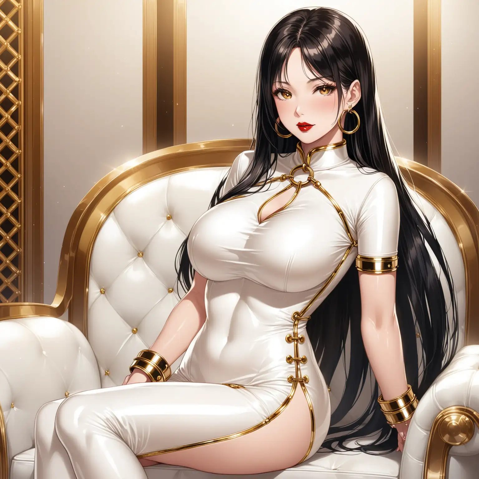 1 woman. She is 60 years old with brown almond shaped eyes. She has extremely long shiny straight black hair that's parted down the middle. She does not have bangs. She has huge tits and is thin. She is wearing a tight white latex short sleeve long cheongsam dress with gold accents, gold jewelry, bdsm wrist restraints and a thick white latex bondage collar with a ring. She is mature and elegant and has shiny red lipstick on. She has a seductive expression. She is in a royal palace with white leather furniture with gold accents. She does not look young, she looks middle aged. She is not sweaty or wet.