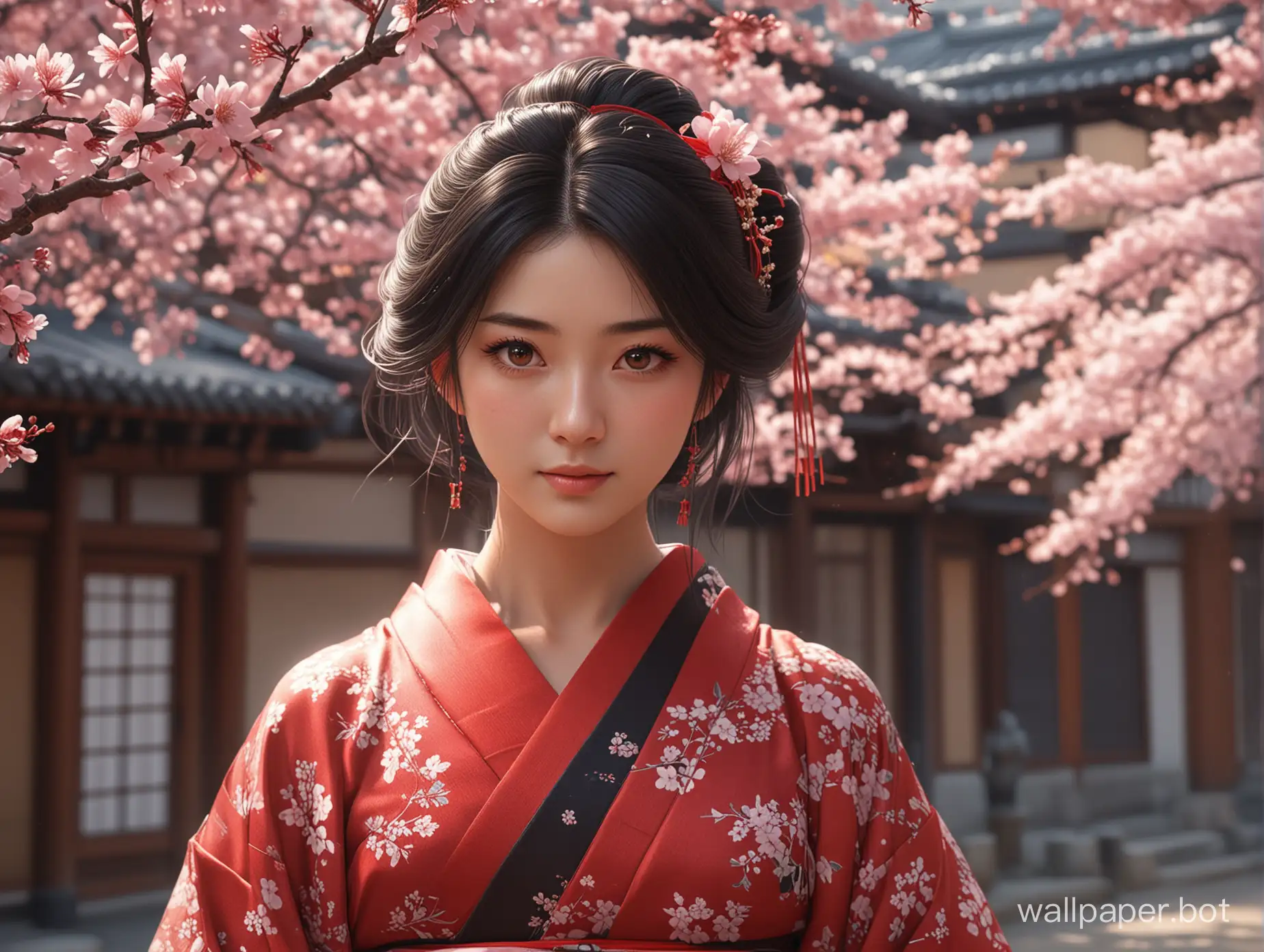 Graceful-Portrait-of-Yuu-Kashii-in-Elegant-Red-Kimono-with-Sakura-Background