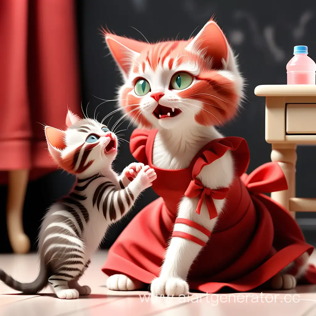 Sweet domestic cat in a red dress looks at her little kitten and feeds her with a bottle.