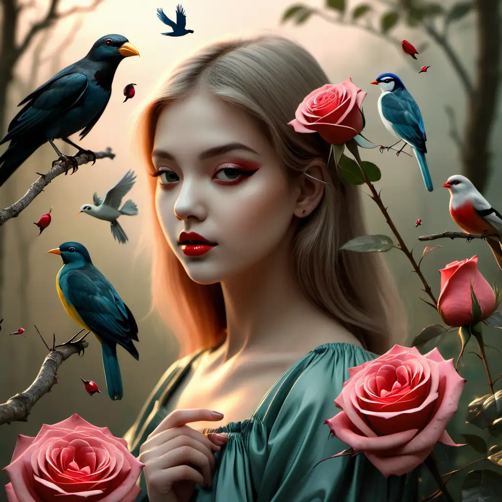 Enchanting Portrait of a Girl with Roses and Birds in Nature