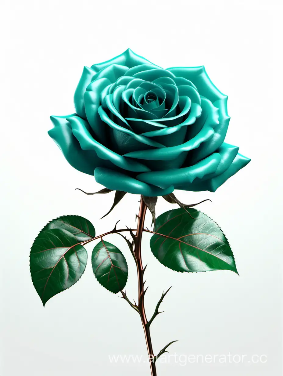 realistic dark Turquoise Rose 8k hd with fresh lush 2 green leaves on white background