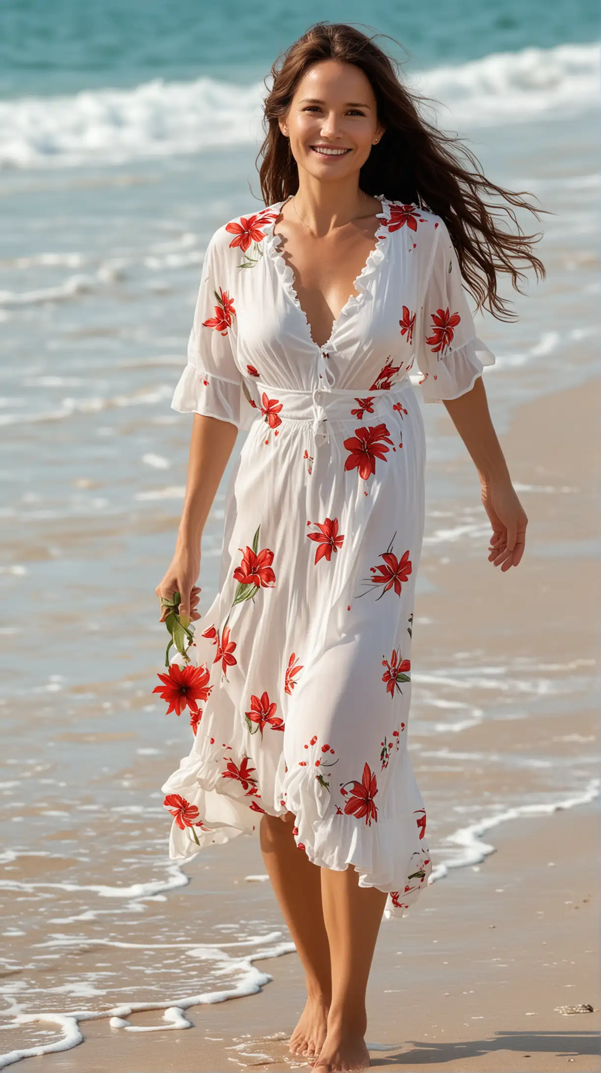 A slim realistic Virginie Ledoyen e regarde amoureusement sourire rafraîchissant wearing a 2 piece white tropical dress with a red flower in her long hair walking at the beach showing a full body shot from the top of his head to his feet
