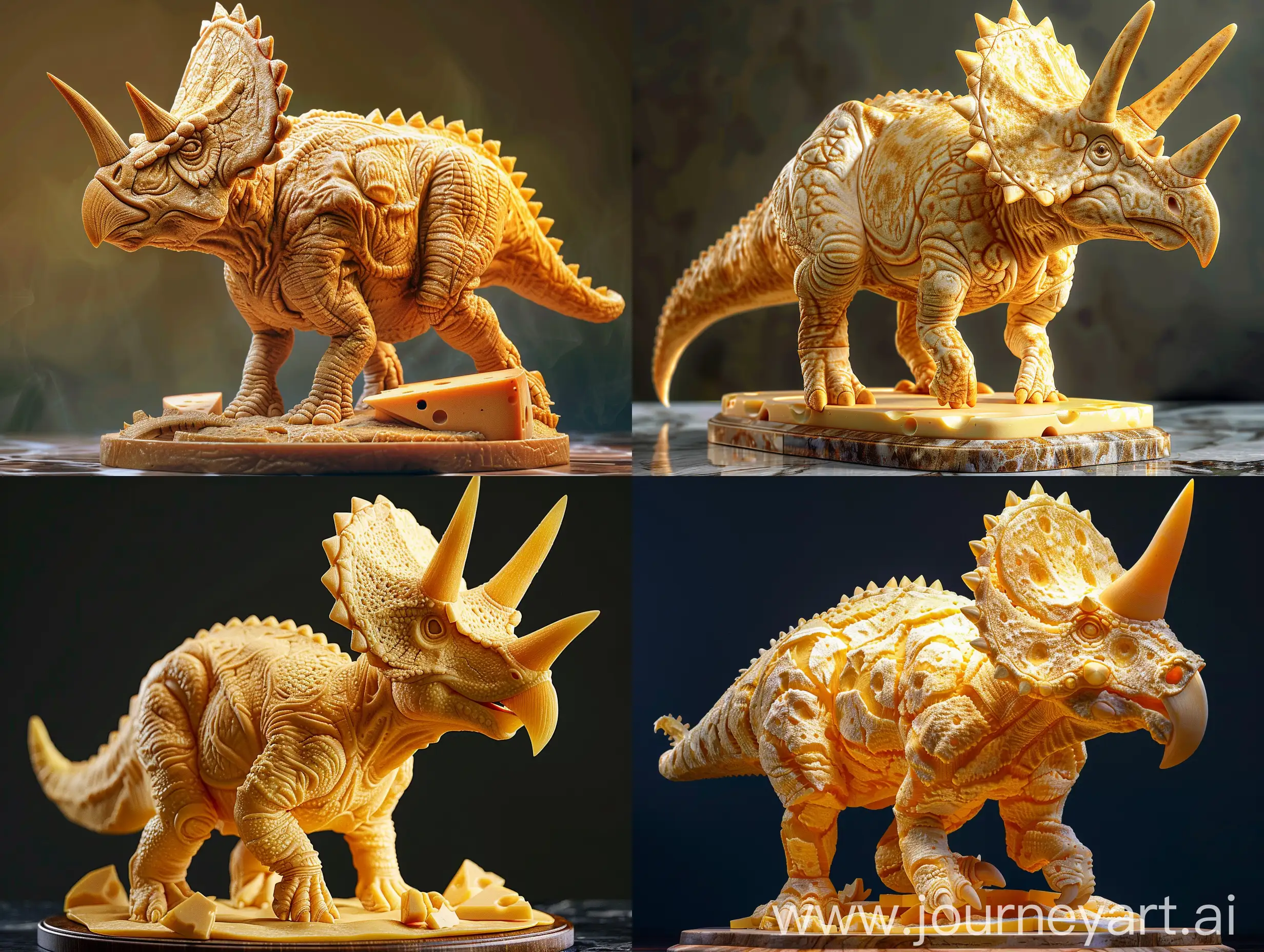  Statue of an triceratops made of cheese, photorealistic, ultradetailed. 