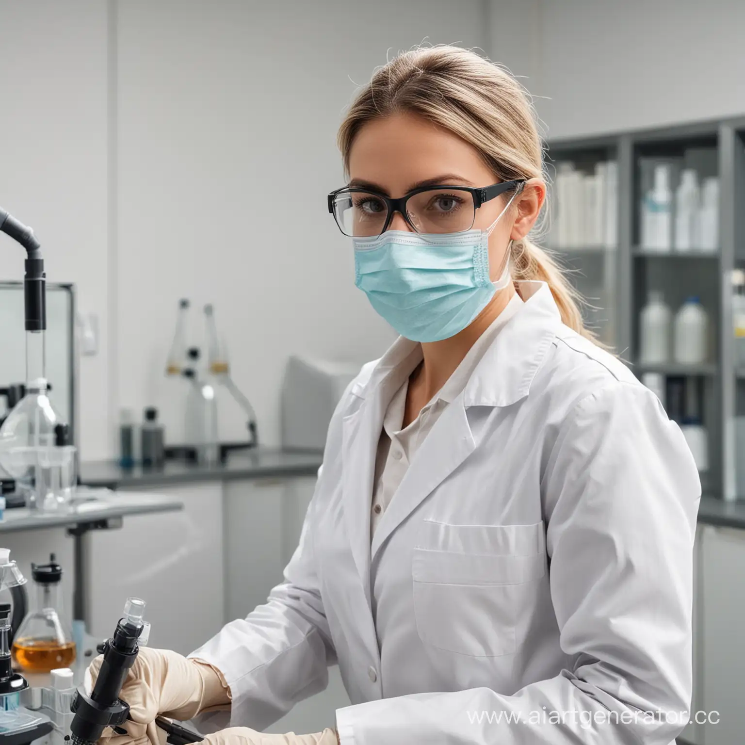 Female scientist working in the laboratory. She is wearing a white lab coat, goggles and a mask.