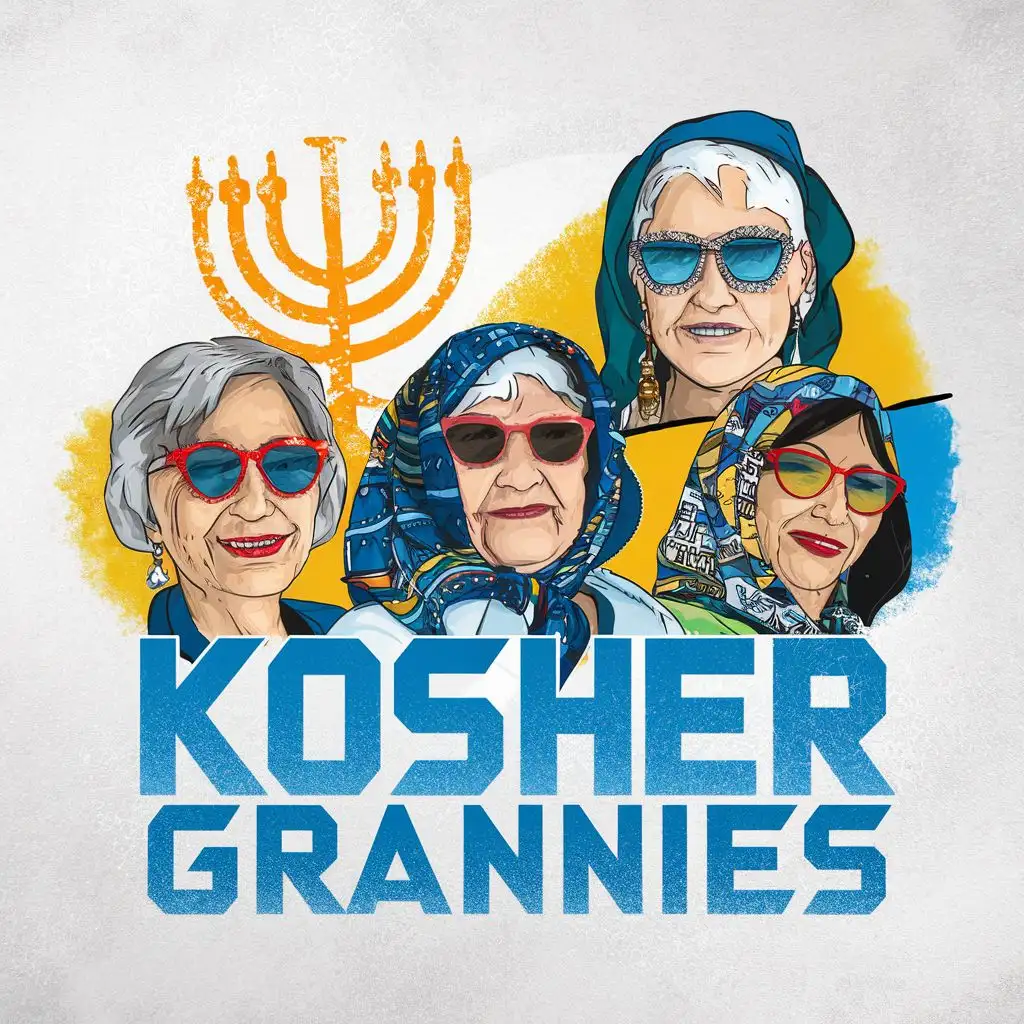 logo, Israel, yellow, blue, white, Jewish grannies with David star sunglasses, Israeli colorful headscarves, 7 branches Menorah, Paul Klee, with the text "Kosher Grannies", typography, be used in Automotive industry