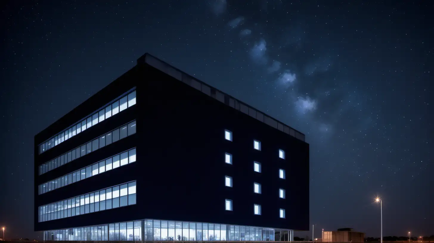 Photograph of a night sky with stars, modern and safe building, and light white line around the building  to symbolise safety as a protective shield. The overall tone should be positive and reassuring.