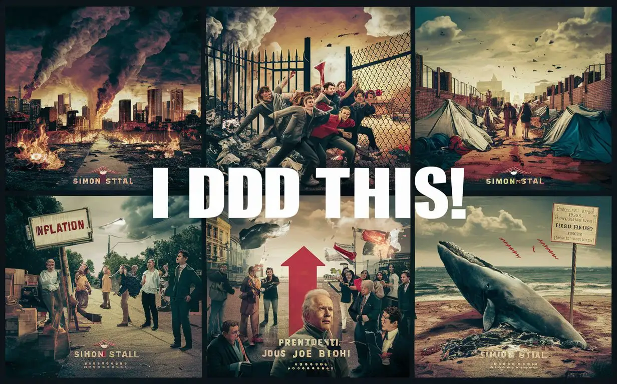 A collage of burning city, trash and tents on a sidewalk, gang of people rushing a gate in a fence, dead whale on a beach, sign that has a red arrow pointing up with "inflation" under it. And at top of collage in big letters says "I DID THIS!" Aand president Joe Bidens face in each  cinematic, posterartation, by Simon Stal