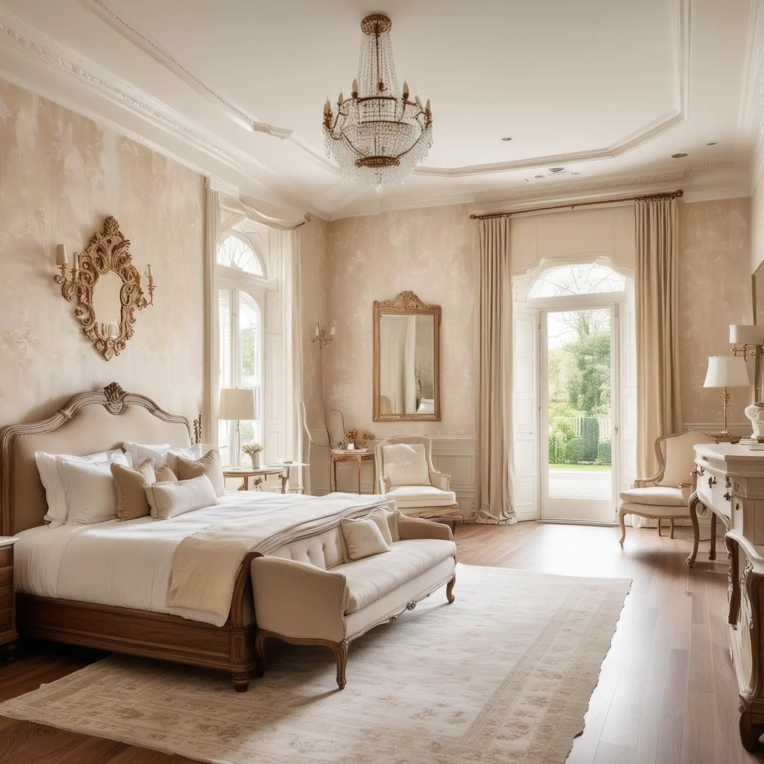 a French chateau estate home large modern master bedroom; ivory limewashed walls and wainscotting, soft watercolour wallpaper; a colour palette of walnut wood, ivory, brass, with accents of pale brown
