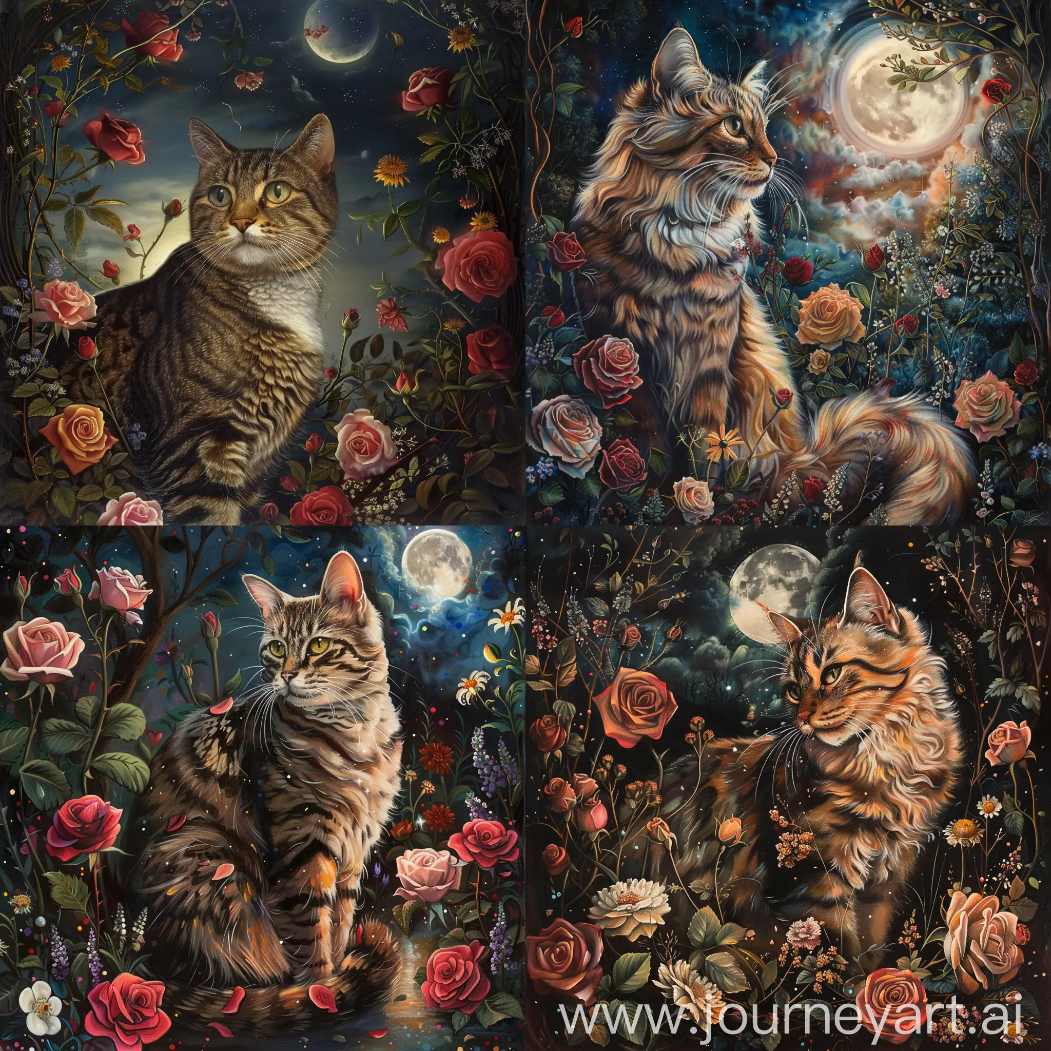 Enchanting-Moonlit-Cat-with-Roses-and-Flowers-Art