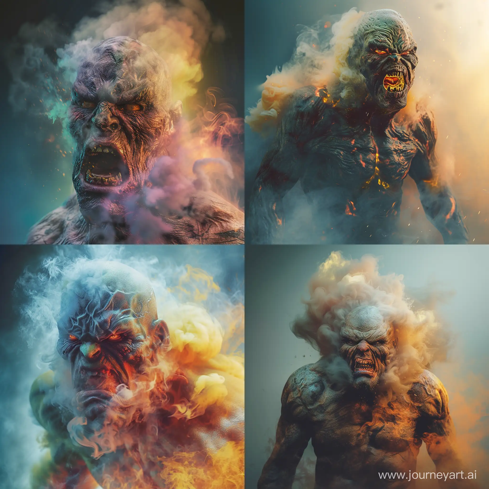 realistic  photo of very angry monster, seething with rage, with his muscles stiffening and his real skin emitting smoke with melting colors and a fading blur background.