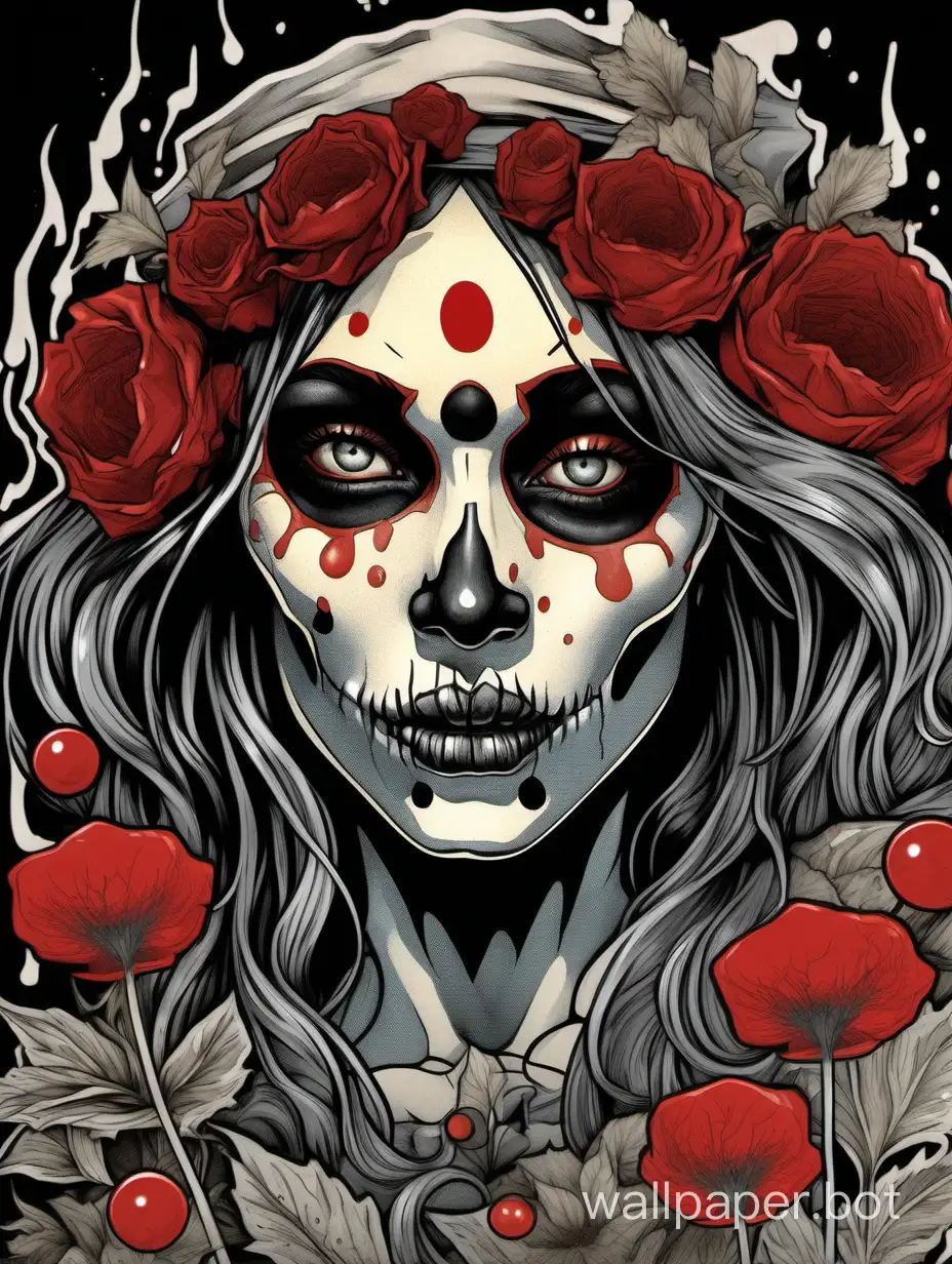 medieval woman fool, sexy skull face , clown nose,  vodu eyes, assimetrical, alphonse mucha poster, explosive wild flowers dripping paint, comic book, high textured paper, hiperdetailed lineart , black water ,gray, red fire, sticker art