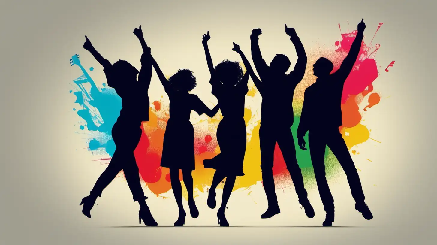 silhouette of 3 people with multi color, showing an expressive gestures  of happiness, listening to music and dancing