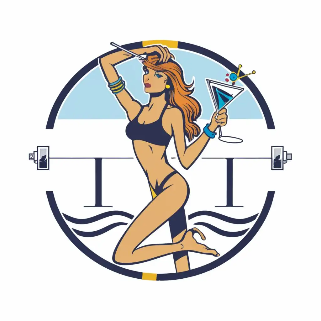 logo, fun female ON THE FRONT OF A YACHT HOLDING ON RAIL WITH bikini FACING FORWARD with martini glass in right hand, with the text "i", typography, be used in Sports Fitness industry