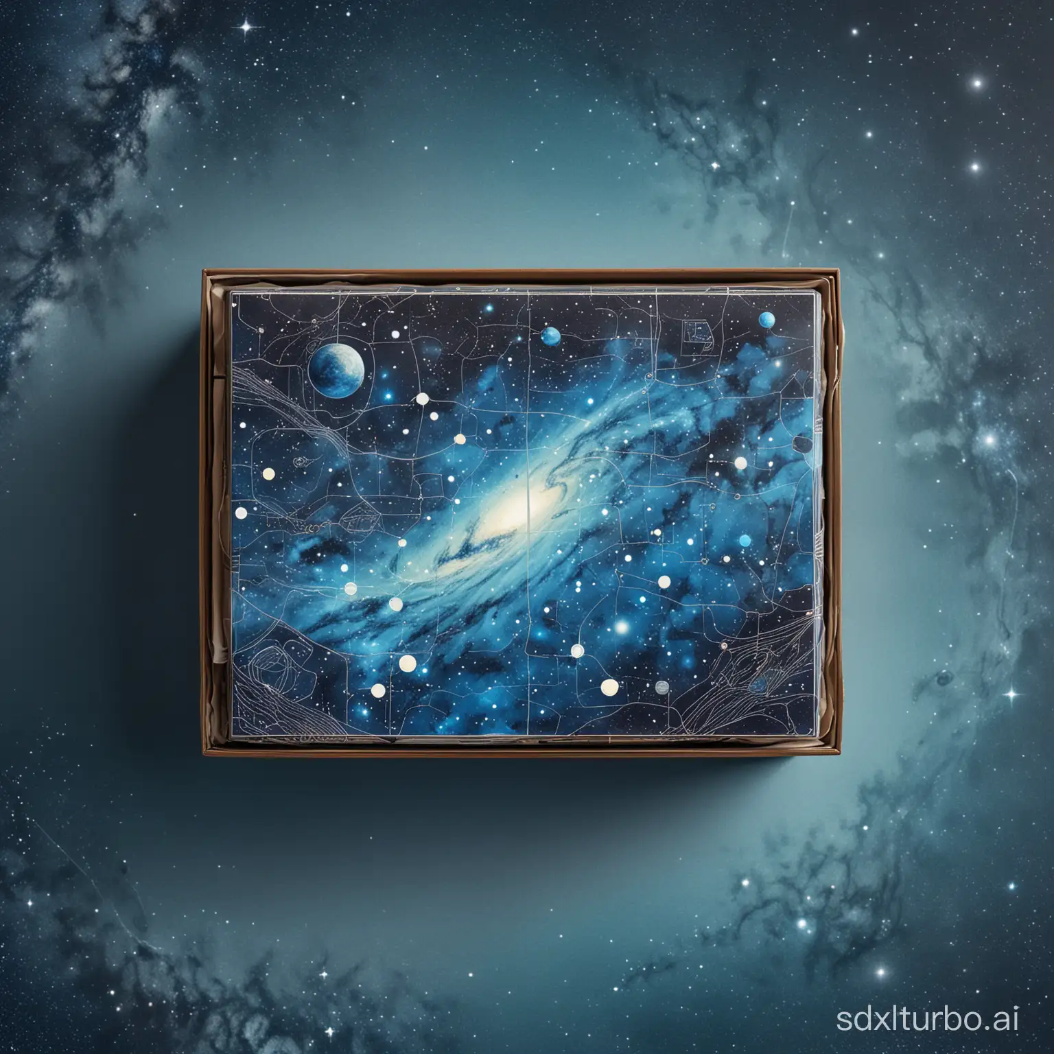 A rectangular flat map of a tea gift box, with a pattern of the blue Milky Way, requiring a sense of technology and futurism.