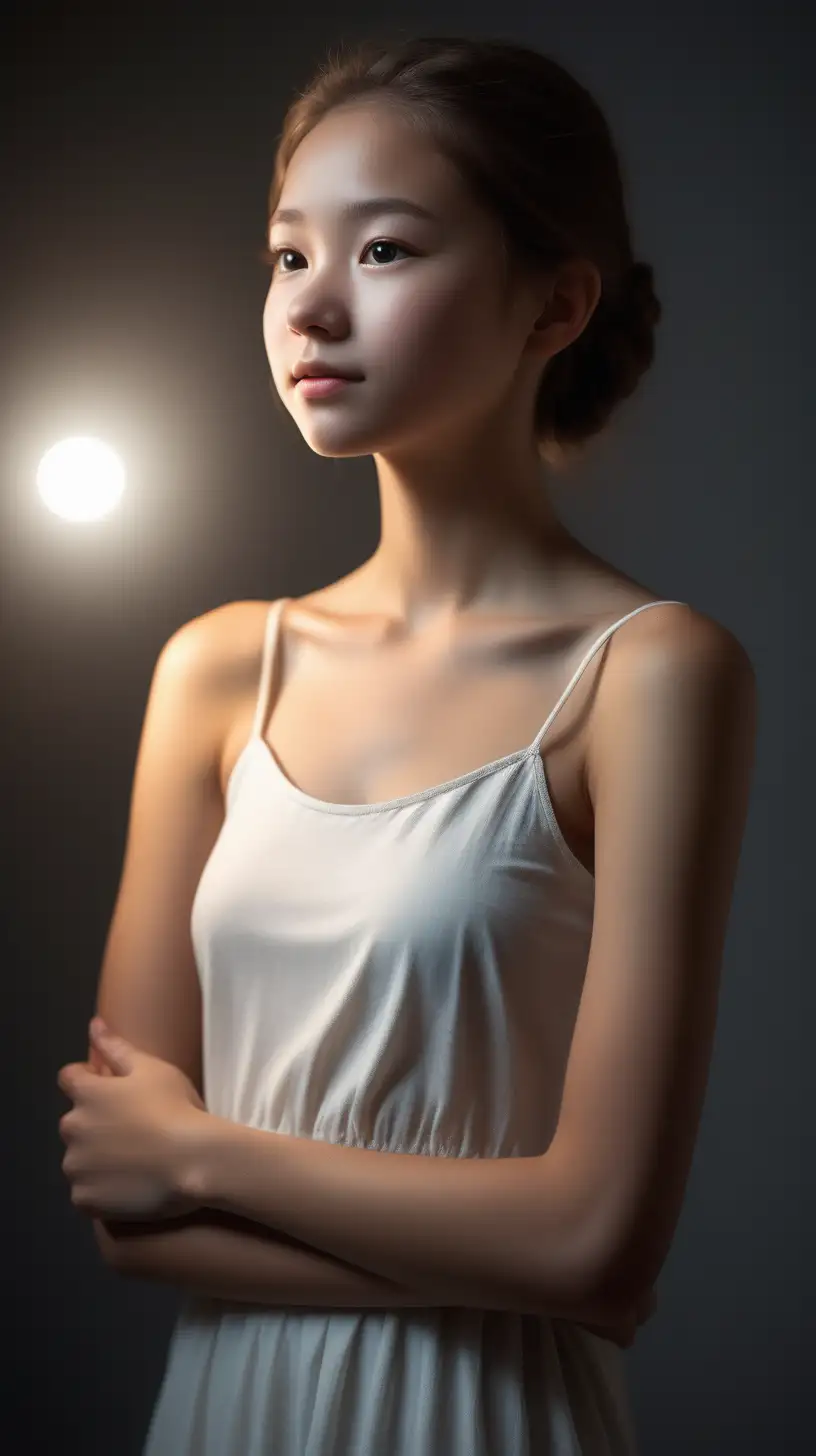 /imagine prompt : An ultra-realistic photograph captured with a canon 5d mark III camera, equipped with an 70mm lens at F 1.8 aperture setting, portraying a body absolutely from side, wearing Simple dress without sleeves
[photorealistic]
The background is empty white, highlighting the subject.
The image, shot in high resolution and a 9:16 aspect ratio, captures the subject’s natural beauty and personality with stunning realism
Soft spot light gracefully illuminates the subject’s arm, all body is luminated very well, casting a dreamlike glow. 
 –ar 9:16 –v 5.2 –style raw