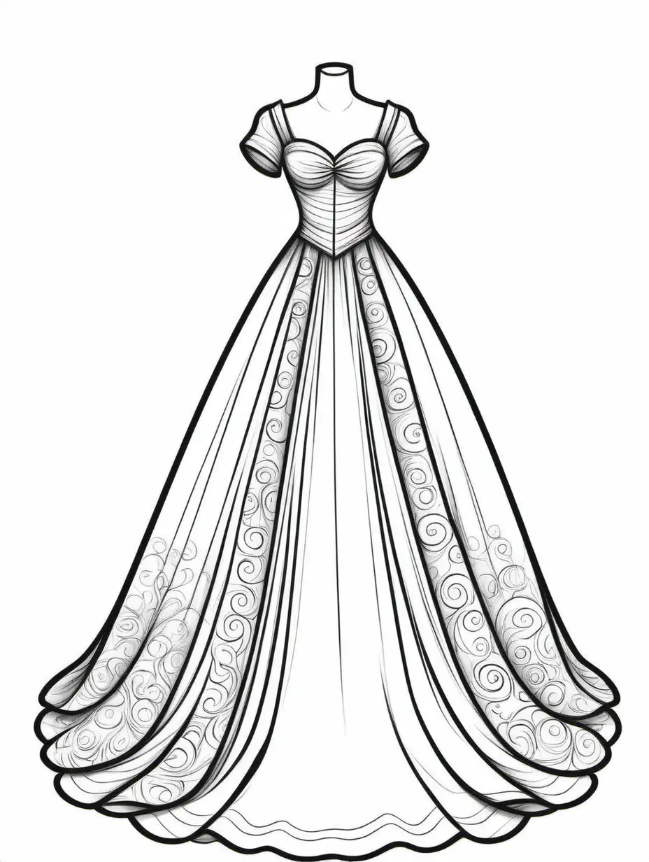 dress with sleeves for a dress, show the bottom of the gown, show the sides of the gown for coloring book, black and white, thick black lines, show 2 inch margin on the bottom of the page