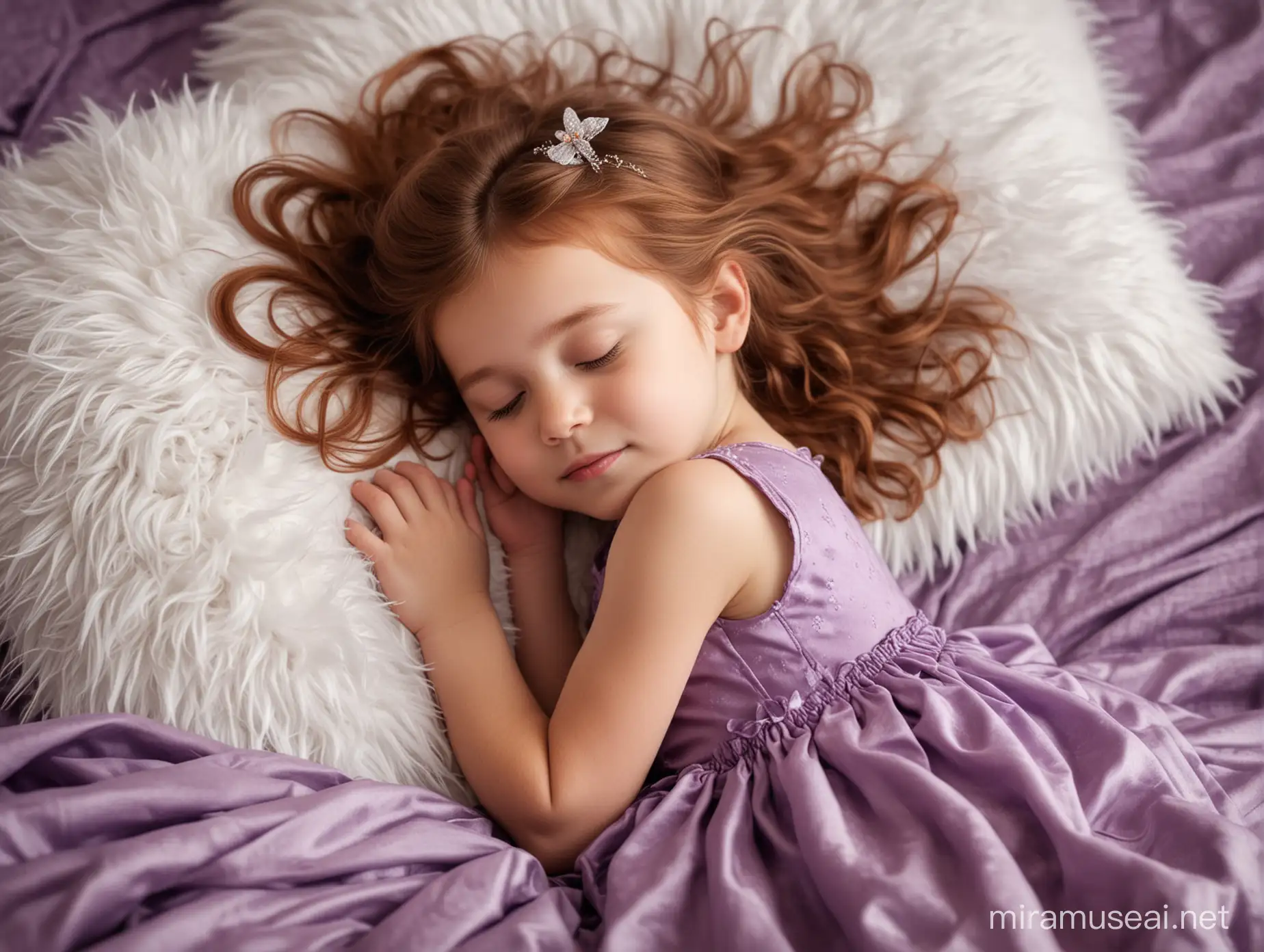 ChestnutHaired Girl in Purple Dress Sleeping with Fairy Companion
