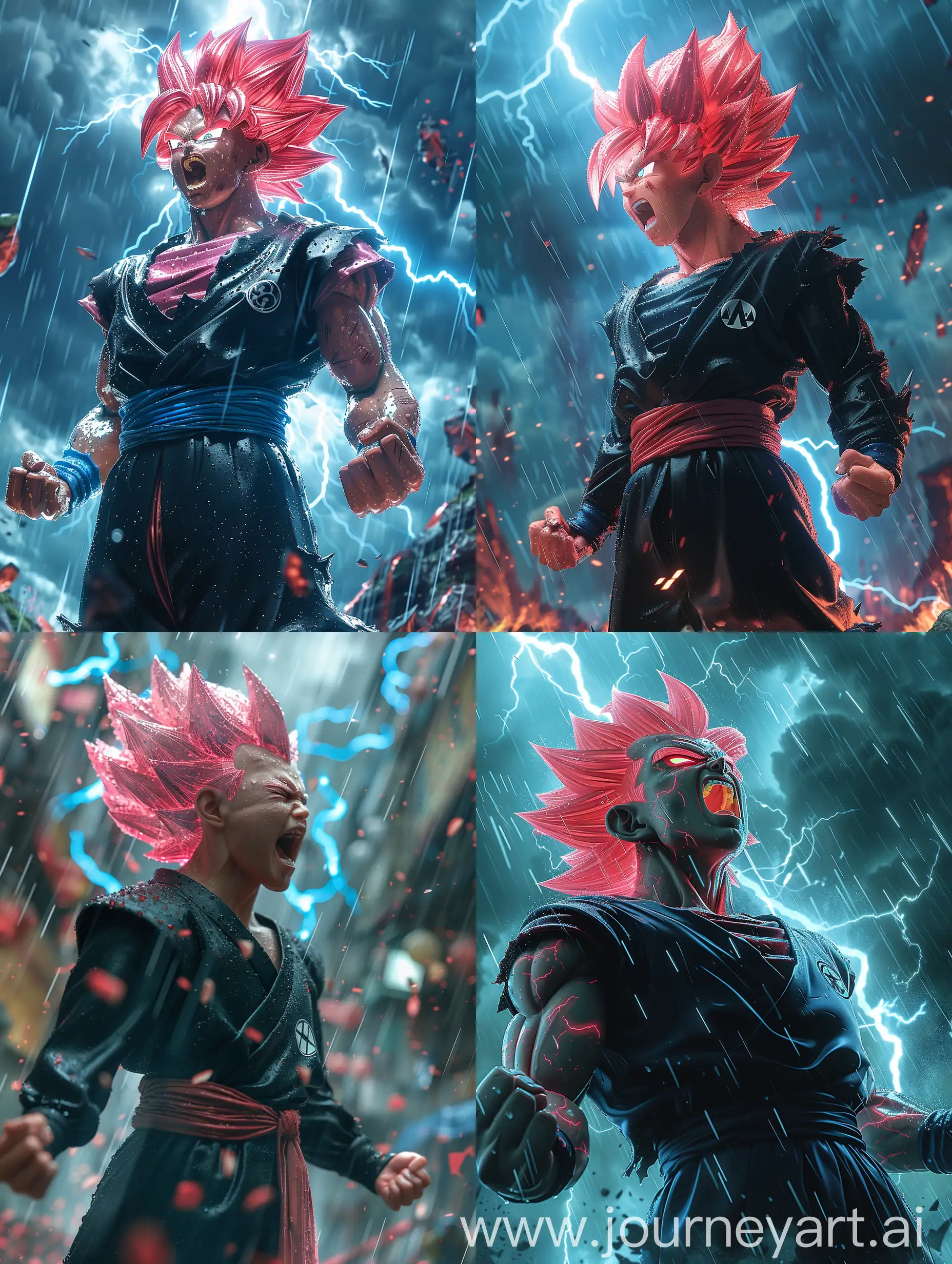 Real full body portrait of real Goku black super saiyan rose with rose hair and black
outfit in fighting pose, by Rudy Siswanto, , fully defined facial features of Goku black super saiyan rose, mouth open, neon aura, blue neon lightnings and thunders, clouds tearing apart, ground shattering, ethereal portraiture, tonalist, color scheme, pensive stillness, dark aquamarine and red, rainy night, ray tracing, high reflection, dramatic lighting, intricate details, photo realism, hyperrealism, hyperrealistic photorealistic, 85-mm-lens crispy detail 8k UHD HDR, high key lighting
--ar 4:5 --v 6.0 --style raw --stylize 1000