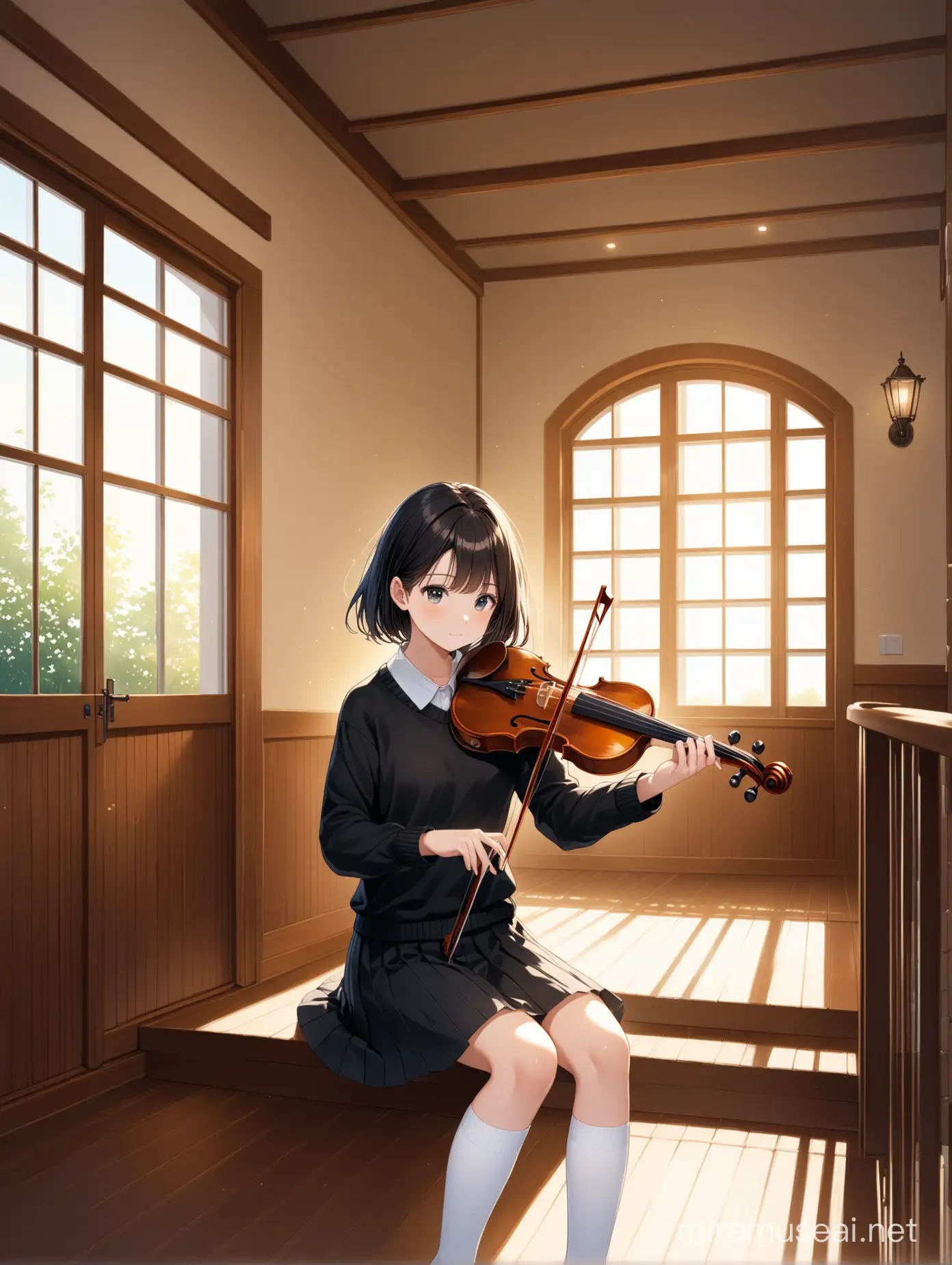 A girl wearing a white shirt with a black sweater over it, her hair is short, black, her eyes are big, she is wearing a black skirt with stripes, white shoes, and long white socks. She is sitting in the foyer of a large house and playing the violin. In the background, a wooden staircase appears, and the wooden decoration and furnishings of the house appear, and light enters from a window.