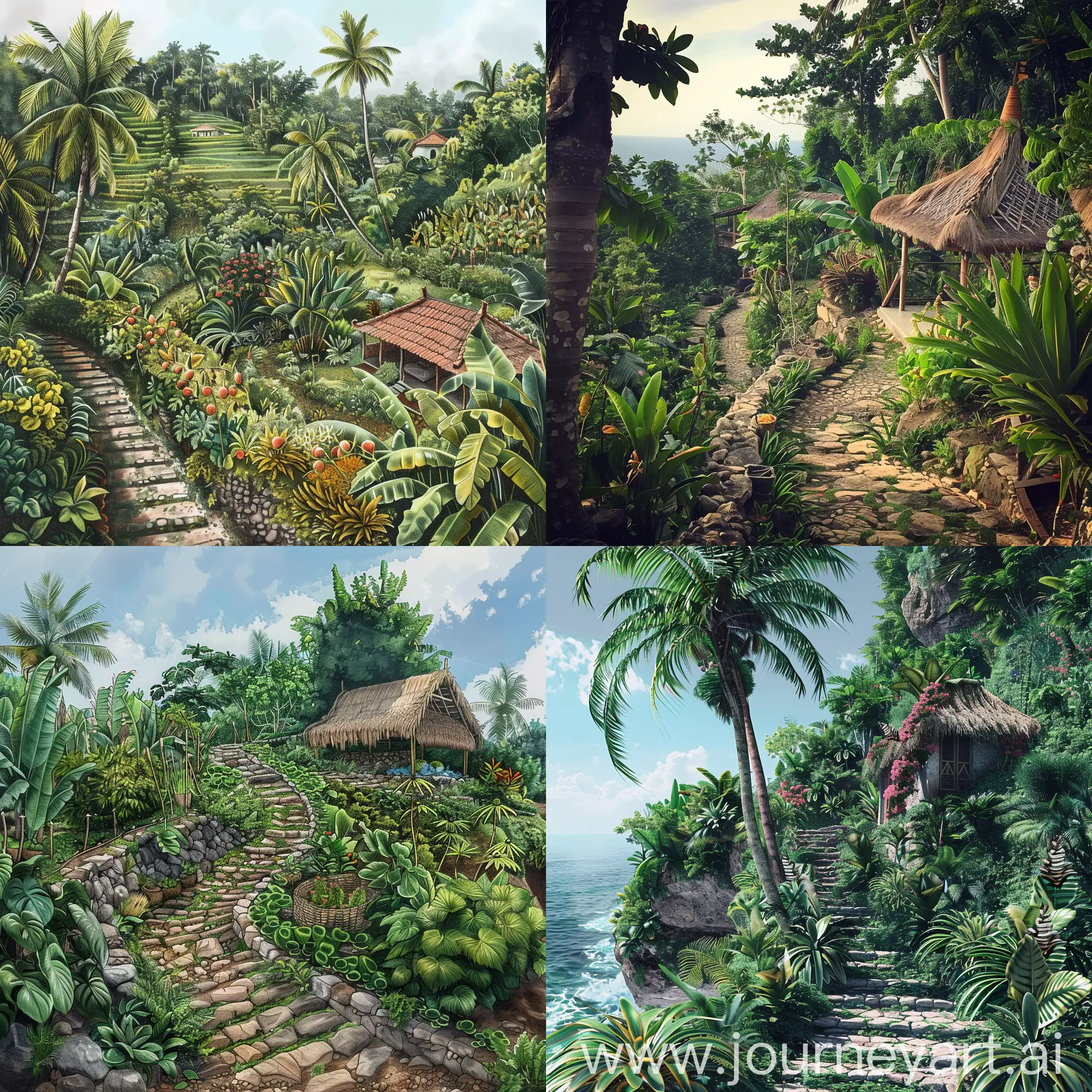 Draw me a photorealistic beautiful tropical garden with edible plants which can grow here on hill in Nusa Penida there is small limasan house too 