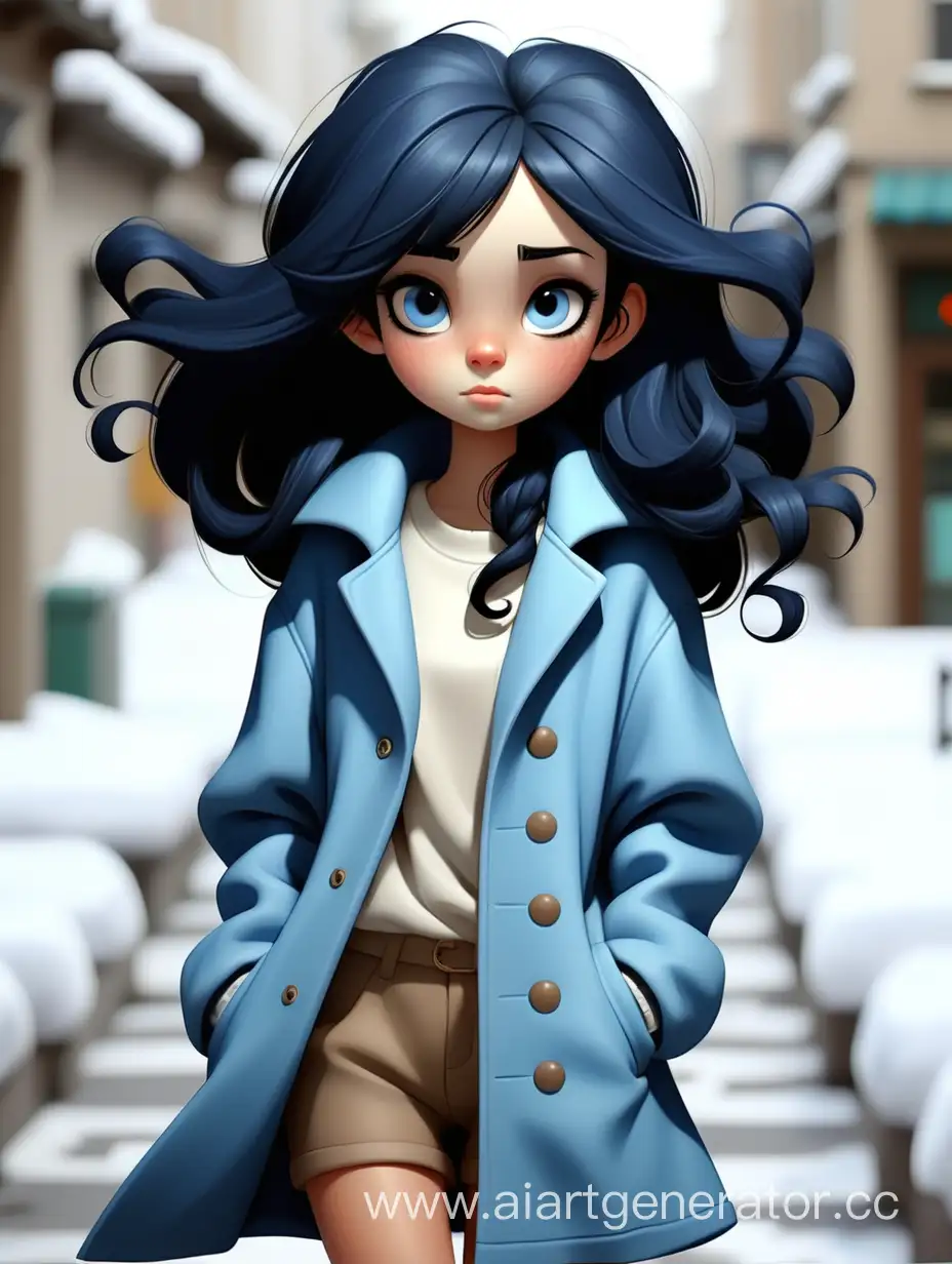  black hair girl  wearing a blue coat