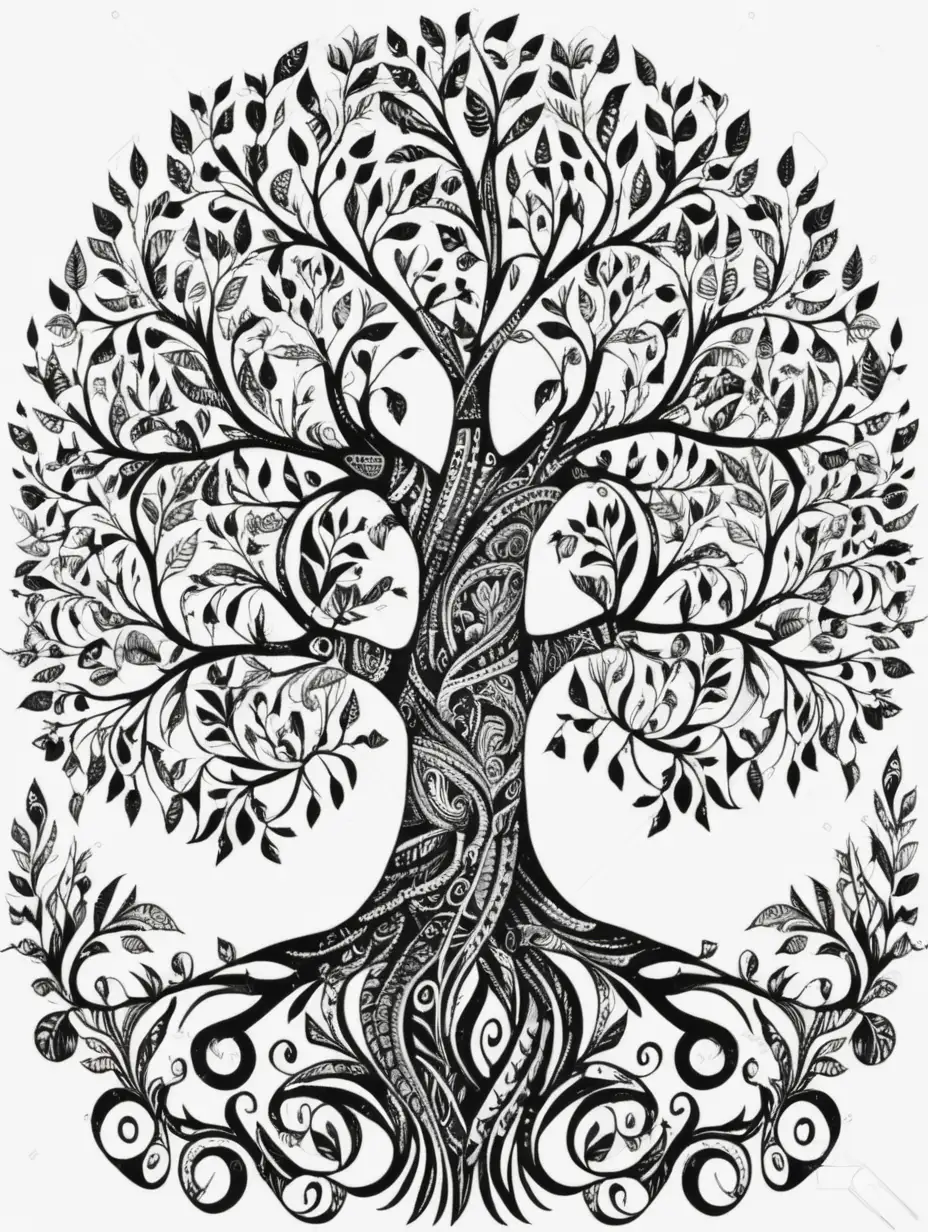 Whimsical Black and White Tree of Life Doodle on a Clean White Background