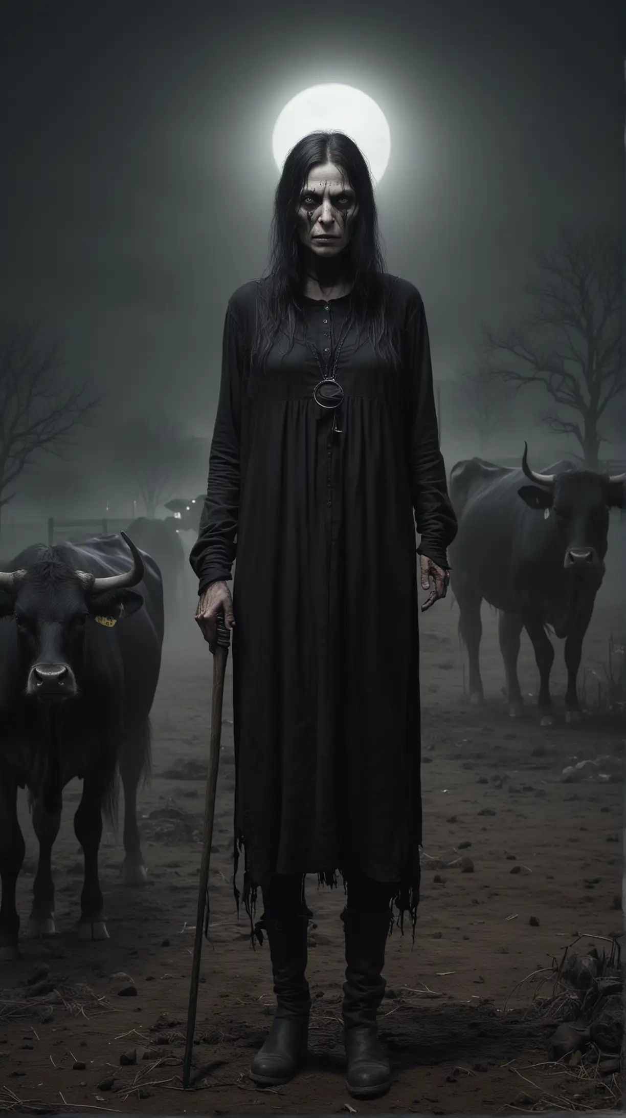 dark horror style, ugly dead  very thin old one-eyed woman, wearing black clothing, dark horror style, staying by cattle in the midnight on background, hyper-realistic, photo-realistic