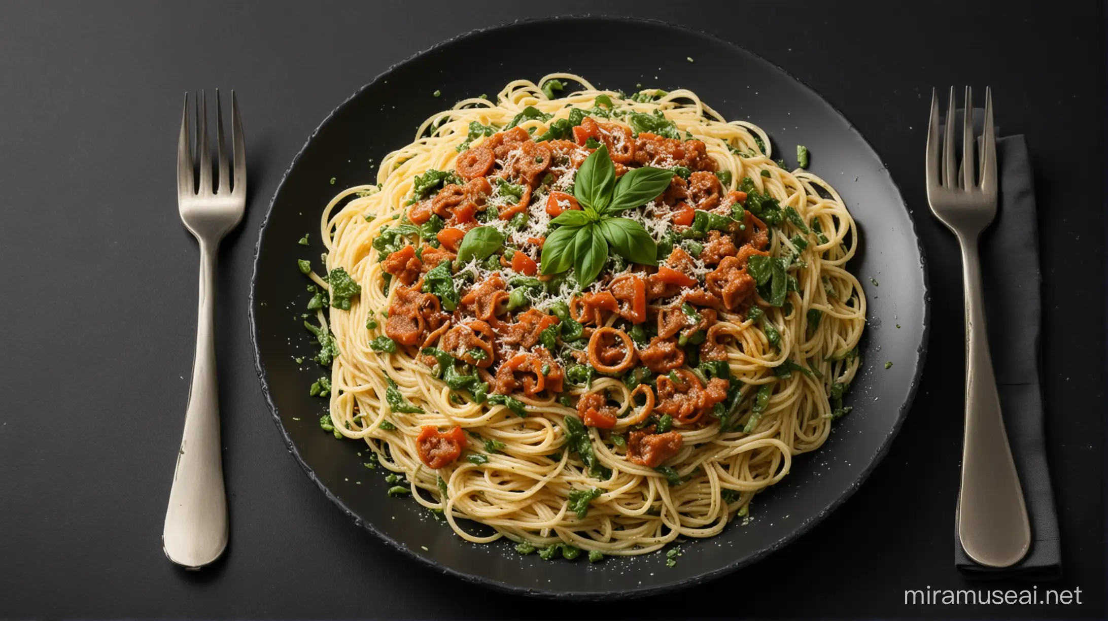 Spaghetti meal with a black background and something green colored in them