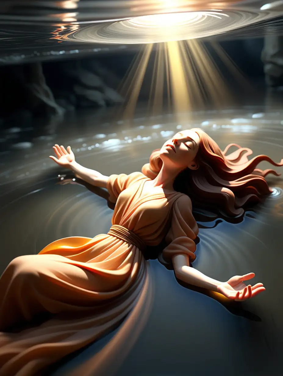 spirituality. Surrender**: Yielding to a higher power or the flow of life with trust and openness. woman lying down floating in  river of light