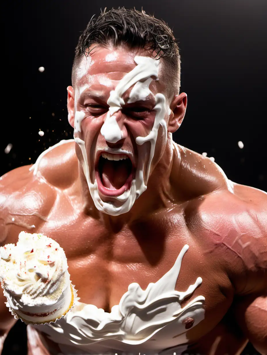 Make muscular pro wrestler Jessie Godderz. He is furious and screaming from loosing hes match and someone throwing cake in hes face. Hes face is covered in white cream.