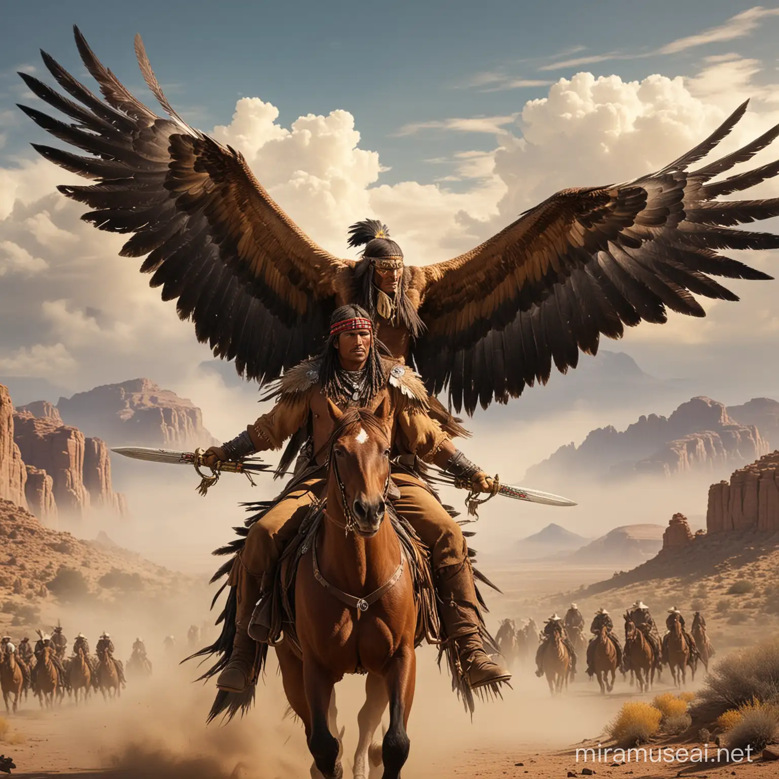 Guerrero apache alto musculoso guapo con alas grandes largas de aguila que le salen de la espalda va a caballo y junto a él una gigantesca aguila real  y de fondo un vaquero persiguiendolo 