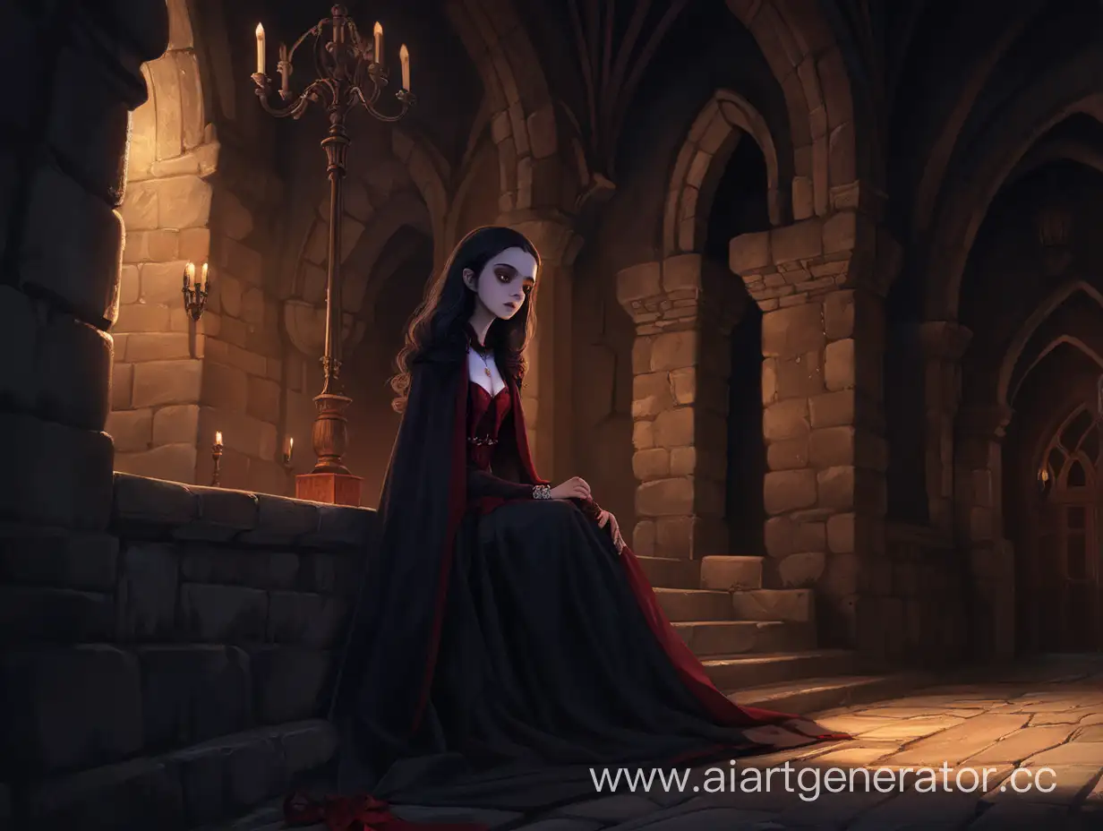 каилла вампир сидит в малоосвещенном замке в заперти на ее лице прослеживаеться грусть 