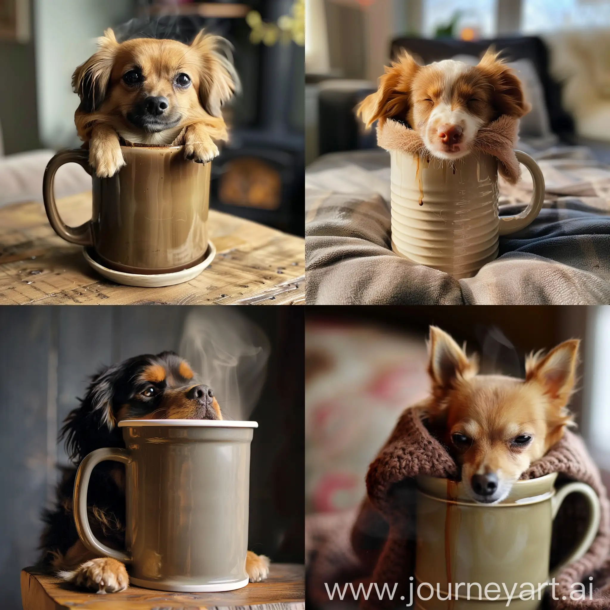 dog inside a coffee mug filled with hot coffee
