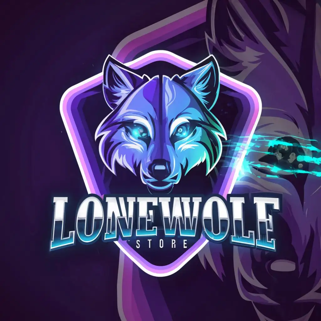 a logo design,with the text "lonewolf Store", main symbol:wolf, gaming, e sports, purple, blue, modern, futuristic,Moderate,clear background