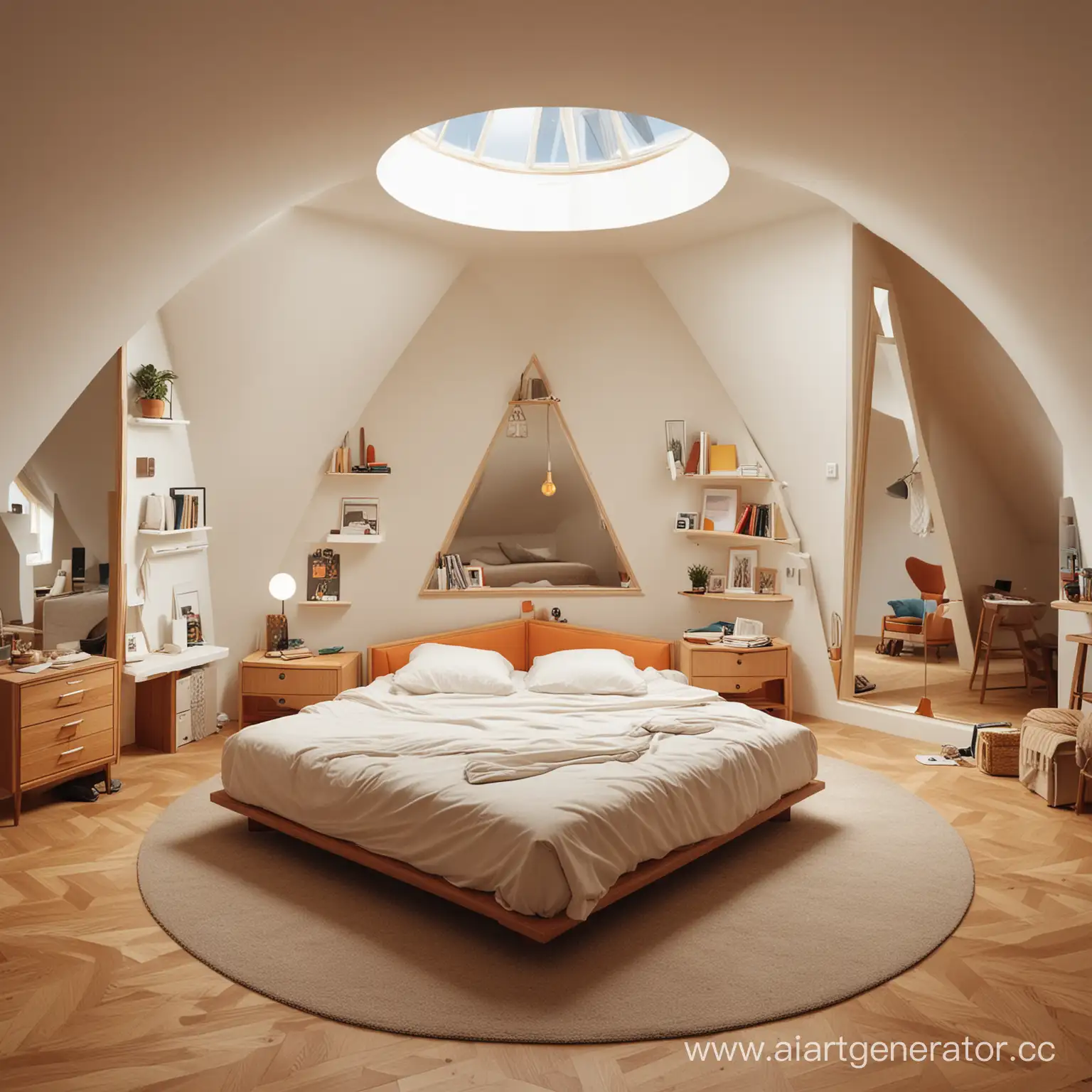 спальня, в которой среди мебели и вещей спрятаны предметы треугольной формы, квадратной формы и круглой формы