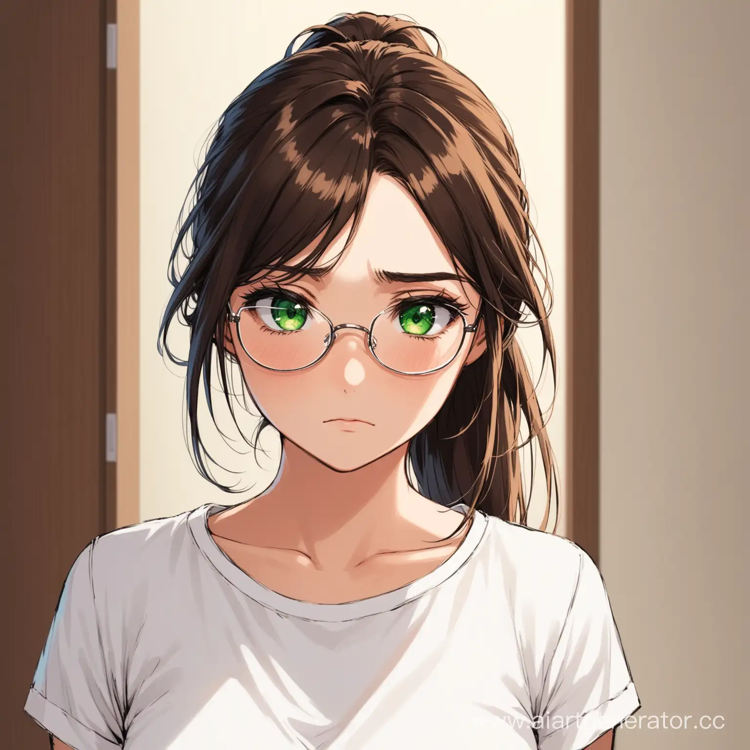 Sad-Brunette-Woman-in-White-TShirt-with-Smudged-Mascara-and-Glasses-by-Wardrobe