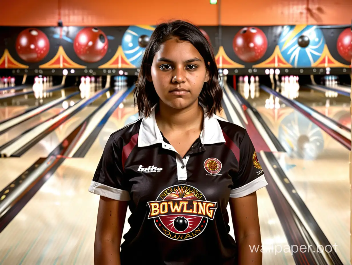 In the background are bowling alley lanes. In the foreground holding a bowling ball and wearing a team shirt is a fit young Aboriginal woman.
