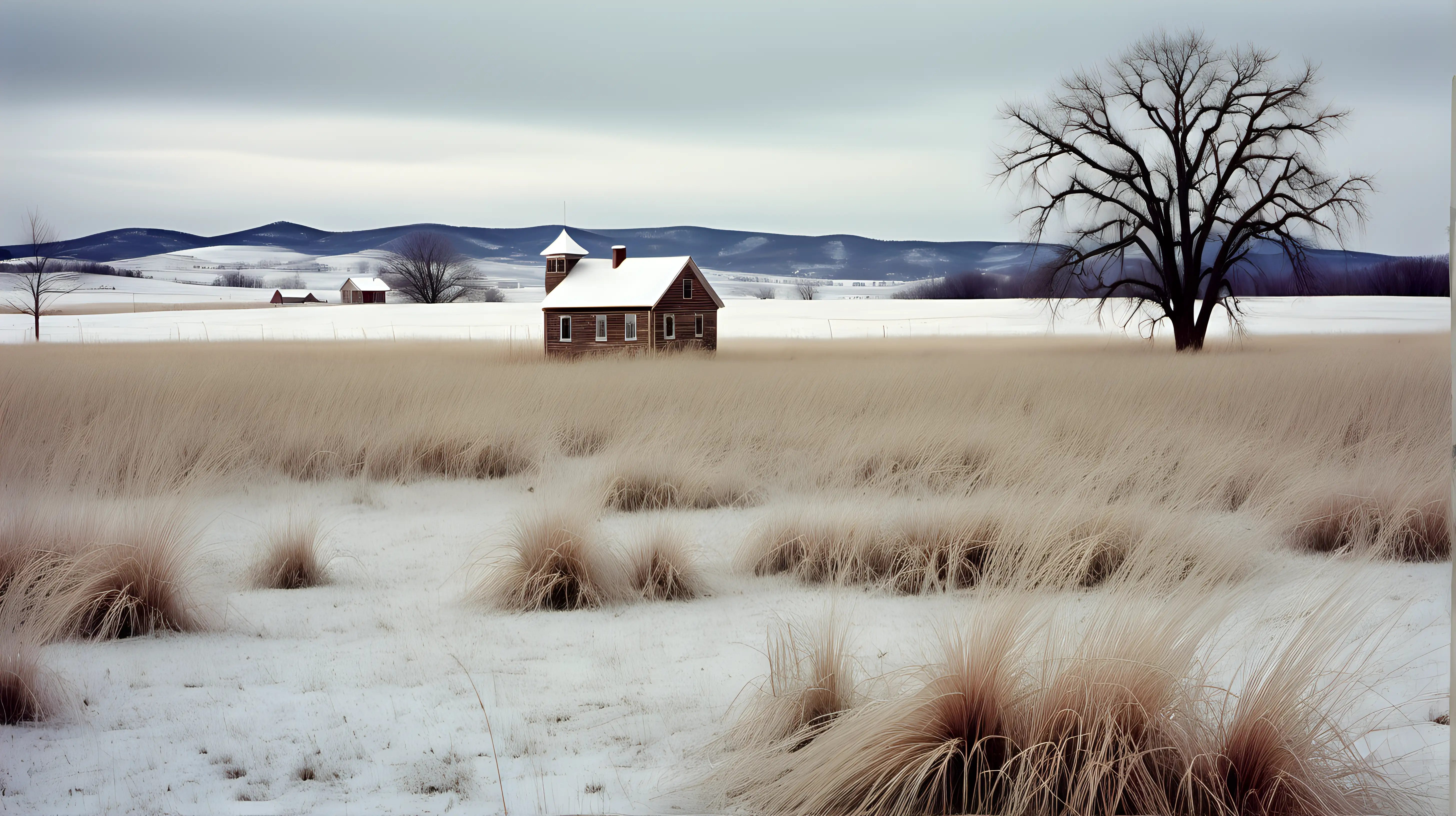 Photograph of a meadow in winter with tall prarie grass, trees and hills in the distance, and an old country one-room schoolhouse in the distance. Photographic quality, high resolution.