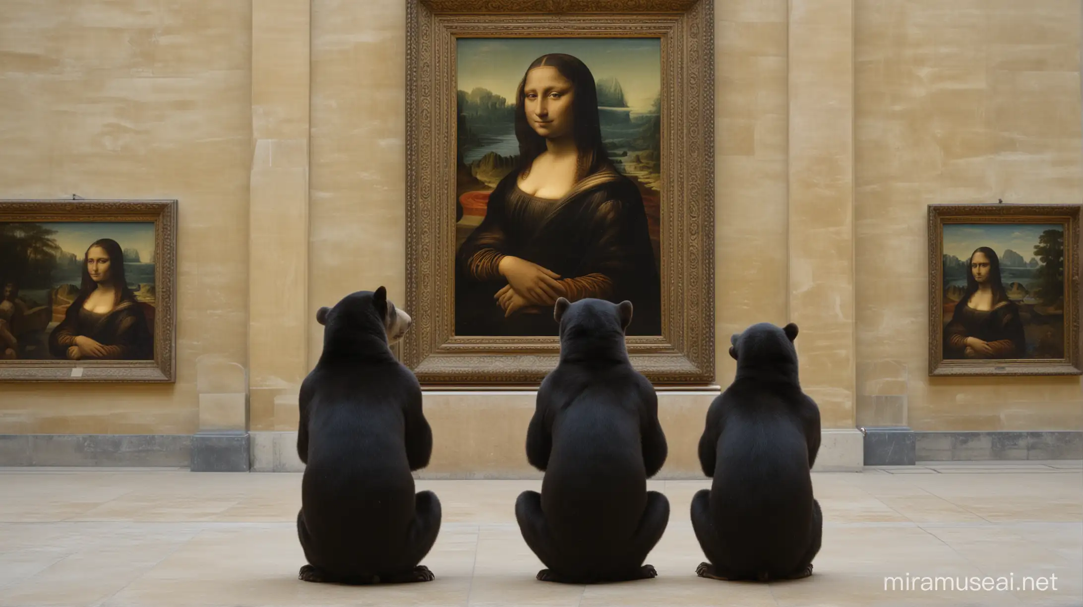 Three malayan sun bears are looking at Mona lisa painting in Louvre in Paris