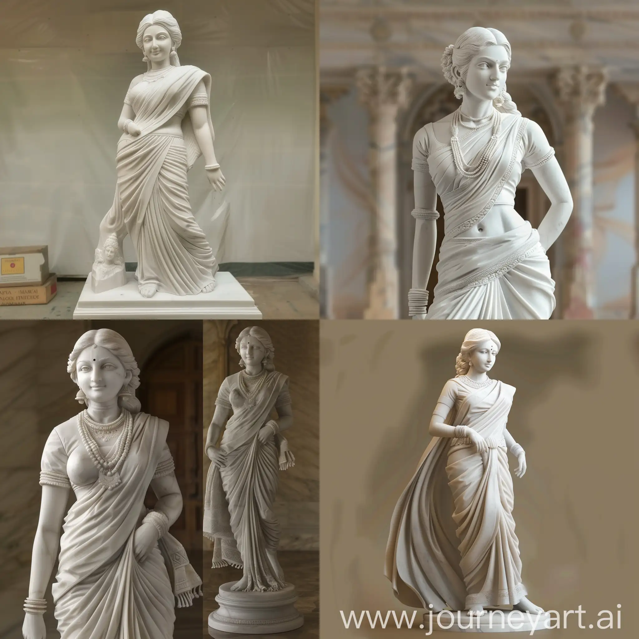 Create an all white marble sculpture capturing the grace and elegance of a beautiful Malayali woman adorned in traditional attire, her saree delicately draped, with intricate details reflecting her cultural heritage and timeless beauty. Emphasize the gentle curve of her posture, the soft contours of her face, and the serene expression that embodies her inner strength and resilience. Let the sculpture evoke a sense of pride and admiration for the rich traditions and heritage of Kerala, while celebrating the timeless allure of Malayali women, her whole body, hair and clothes are all white marble, no paint, Great Indian museum background, waist shot, half body shot, in the style of Michelangelo and Leonardo daVinci 